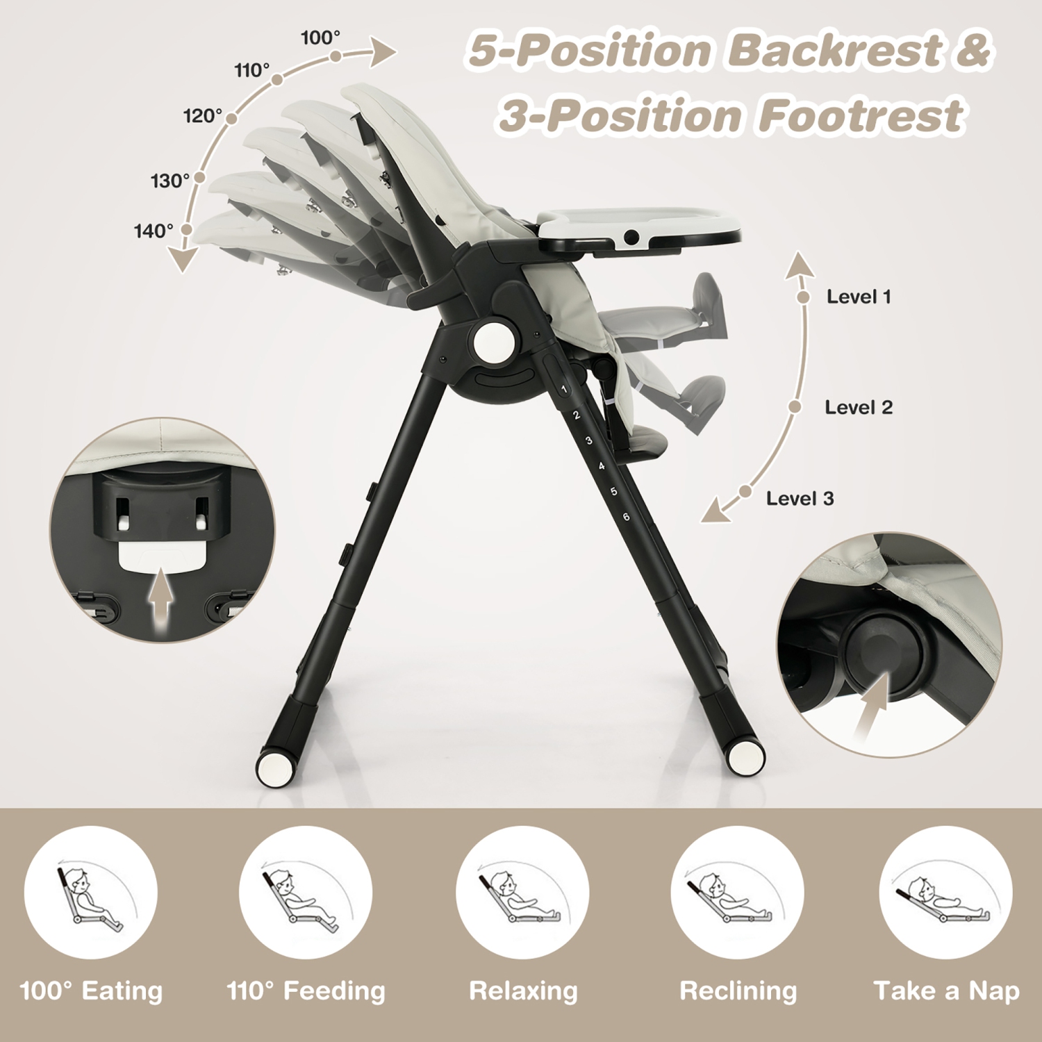 Babyjoy 4-in-1 Foldable Baby High Chair Height Adjustable Feeding Chair w/ Wheels