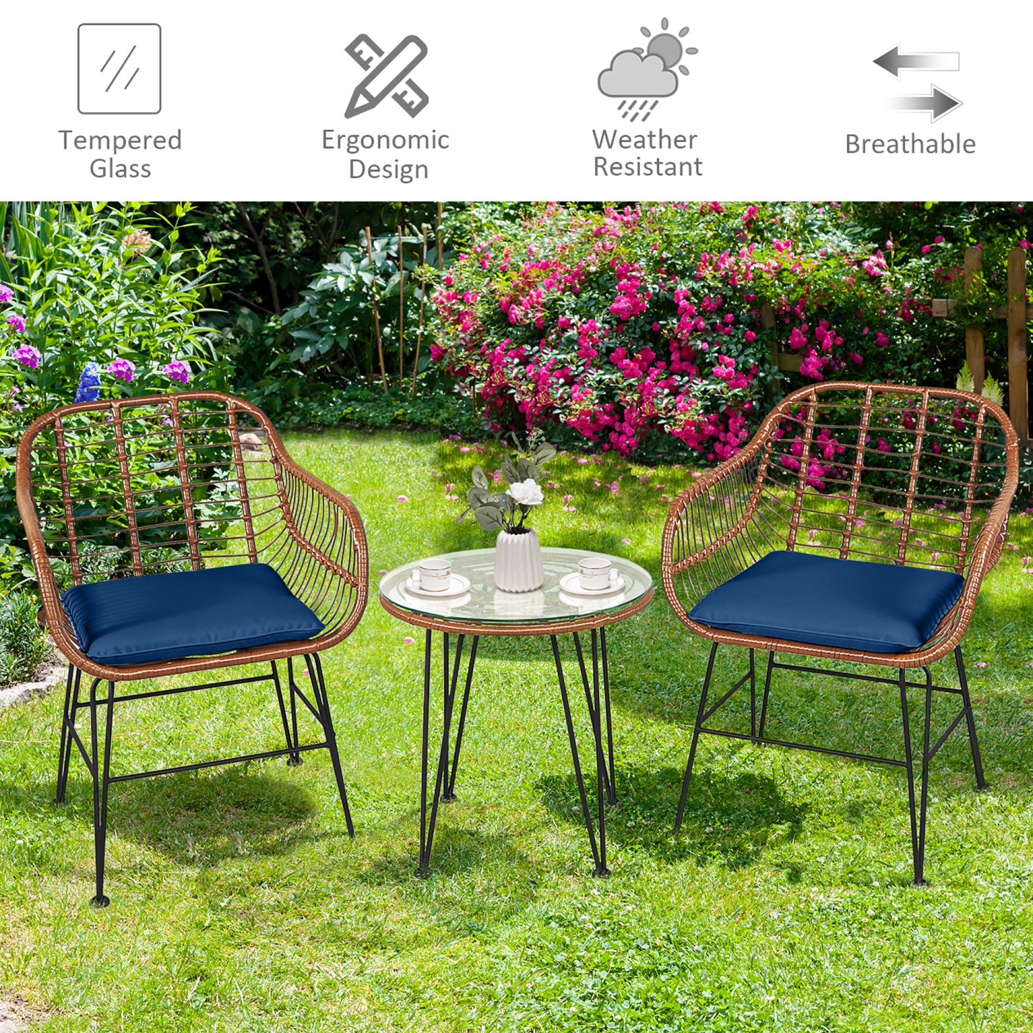 Ensemble patio de bistro de 3PCS pièces en rotin avec table basse et fauteuil à accoudoirs avec coussin de Costway