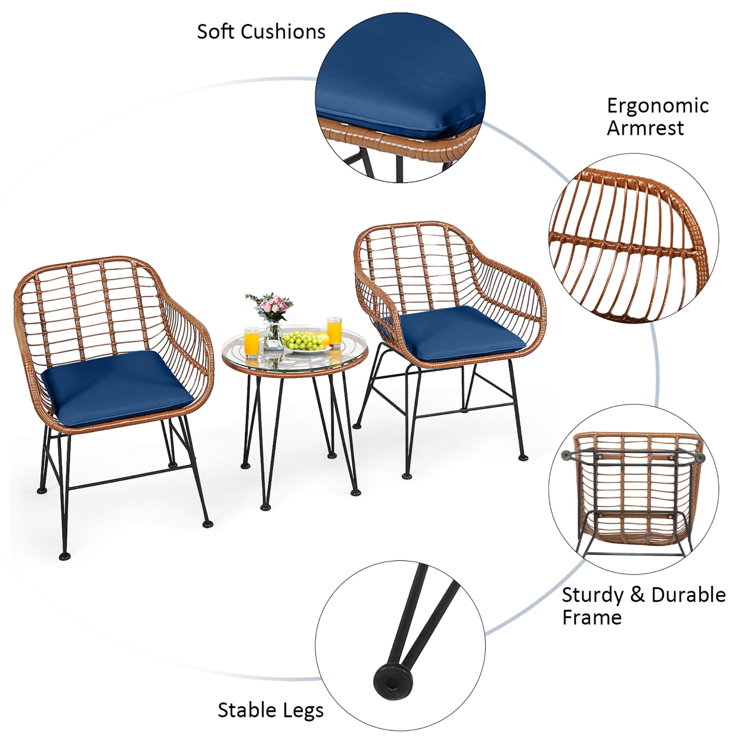 Ensemble patio de bistro de 3PCS pièces en rotin avec table basse et fauteuil à accoudoirs avec coussin de Costway