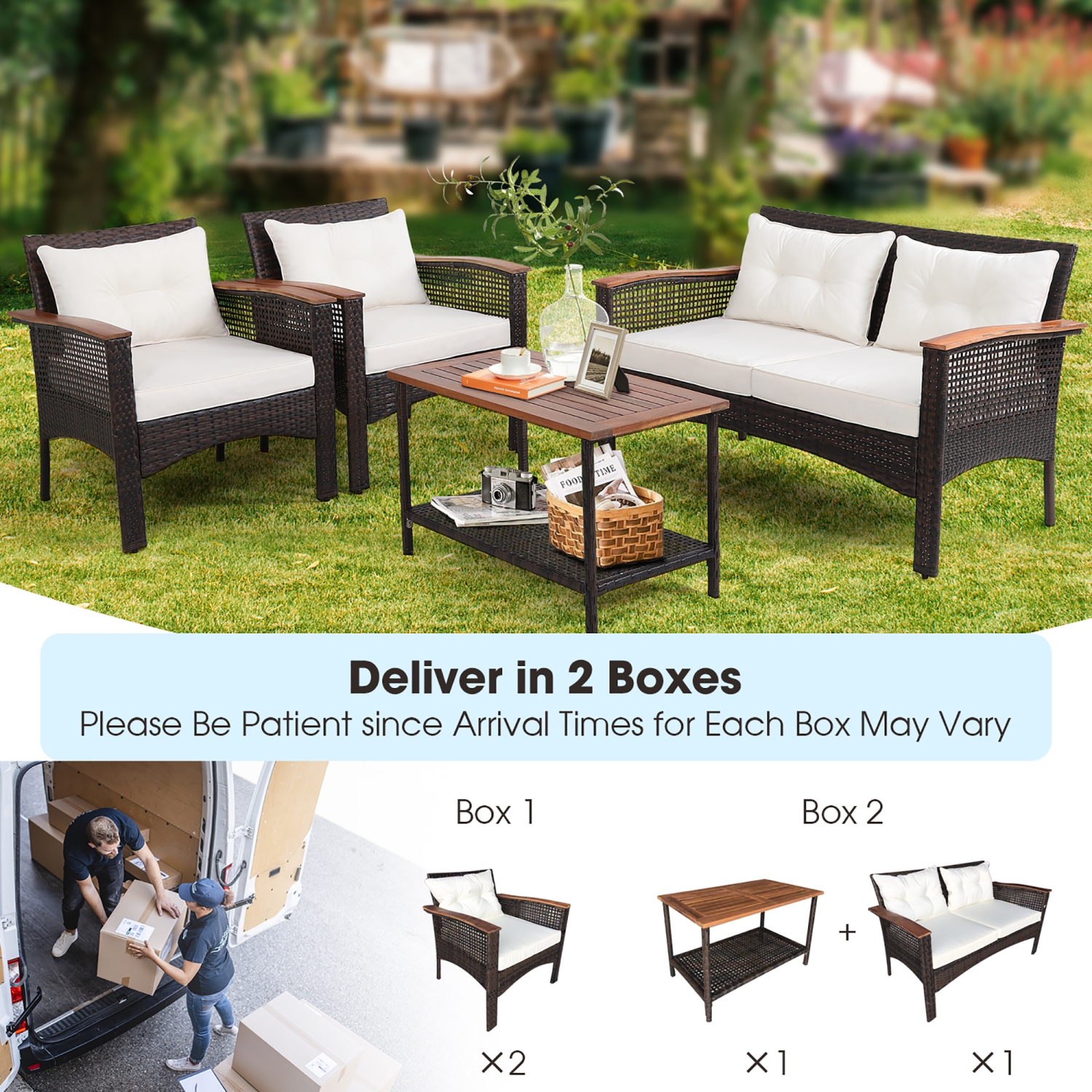 Costway 4PCS Patio Rattan Acacia Wood Furniture Set Cushion Sofa Armrest Deck