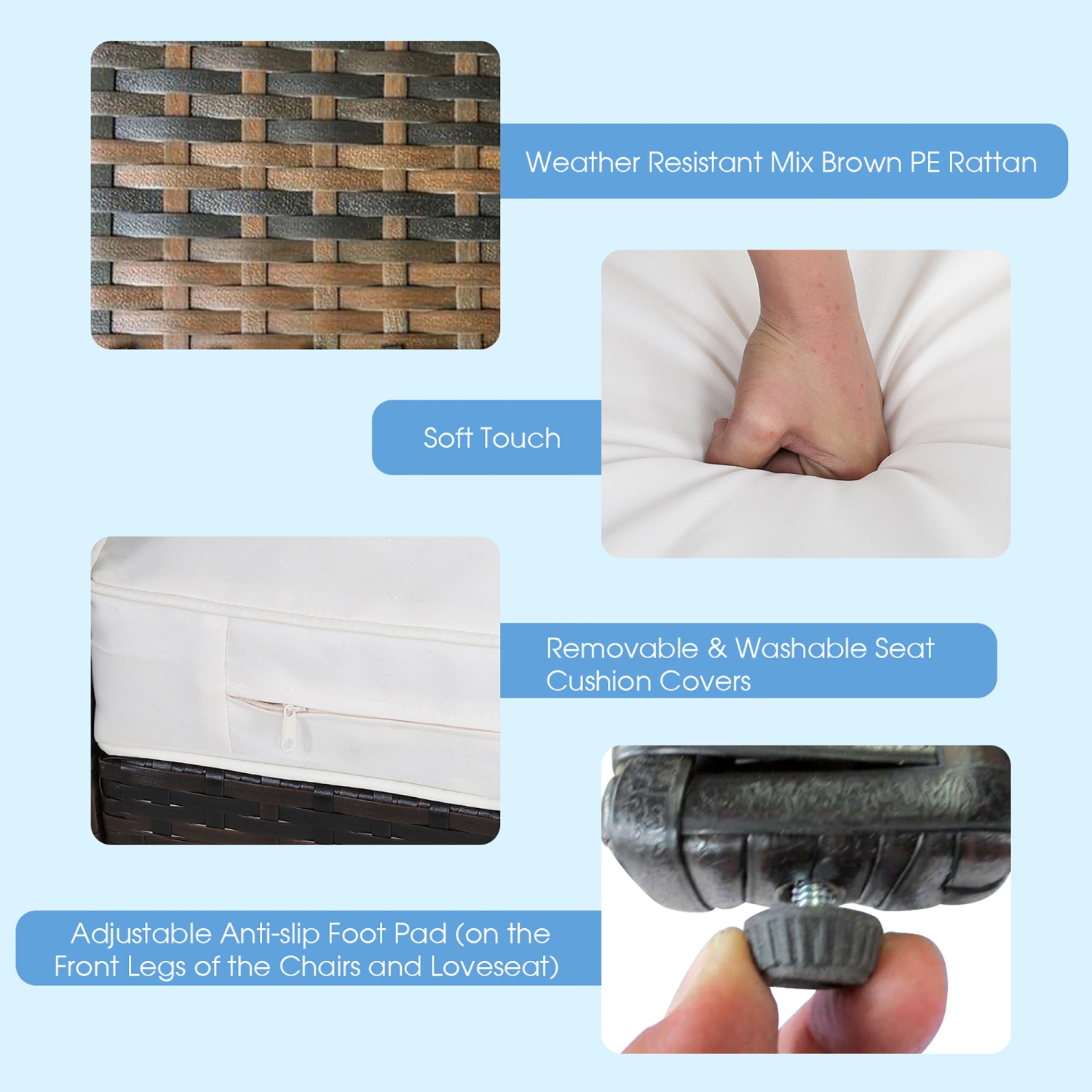 Costway 4PCS Patio Rattan Acacia Wood Furniture Set Cushion Sofa Armrest Deck