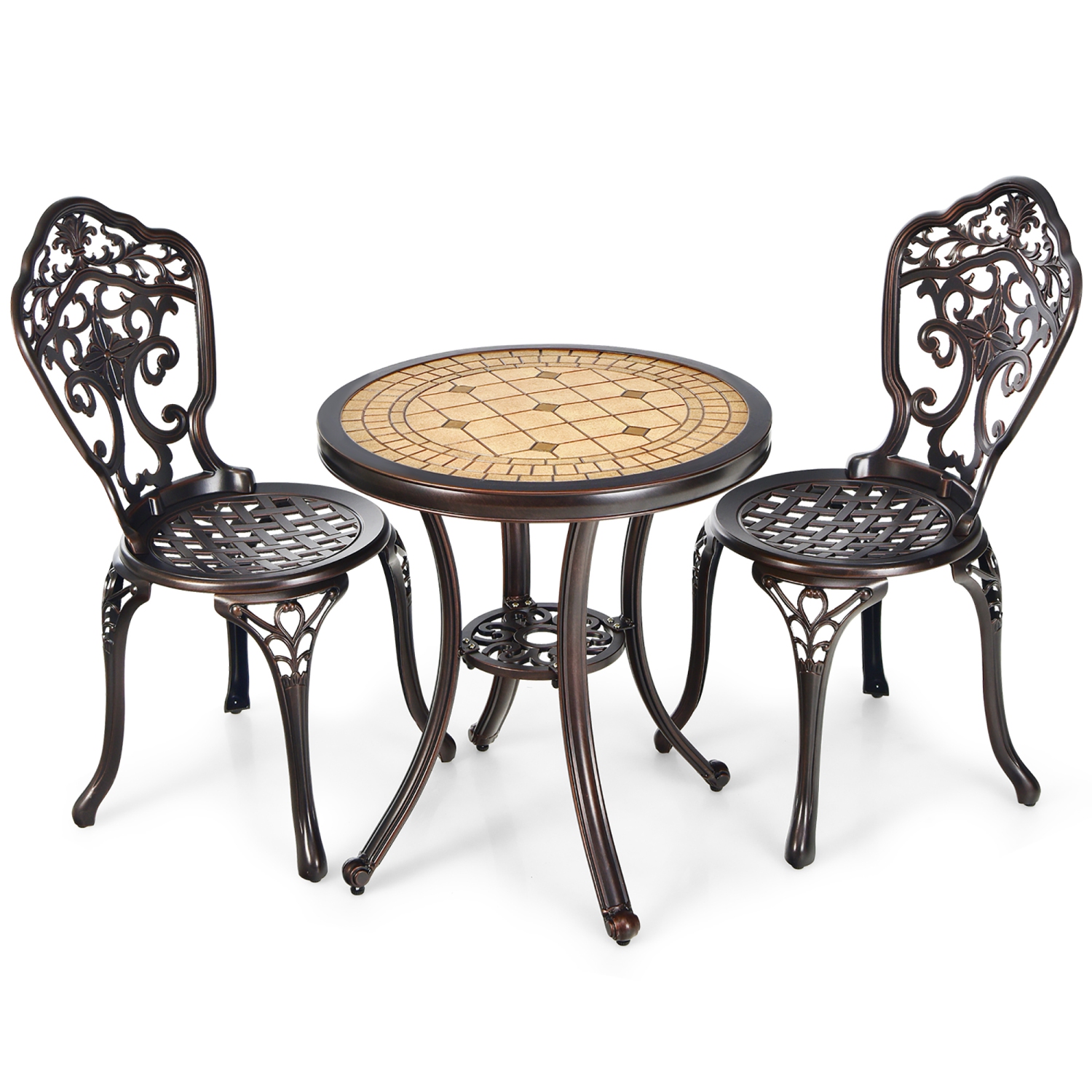 Costway 3PCS Patio Bistro Set Round Table Chairs All Weather Cast Aluminum Yard