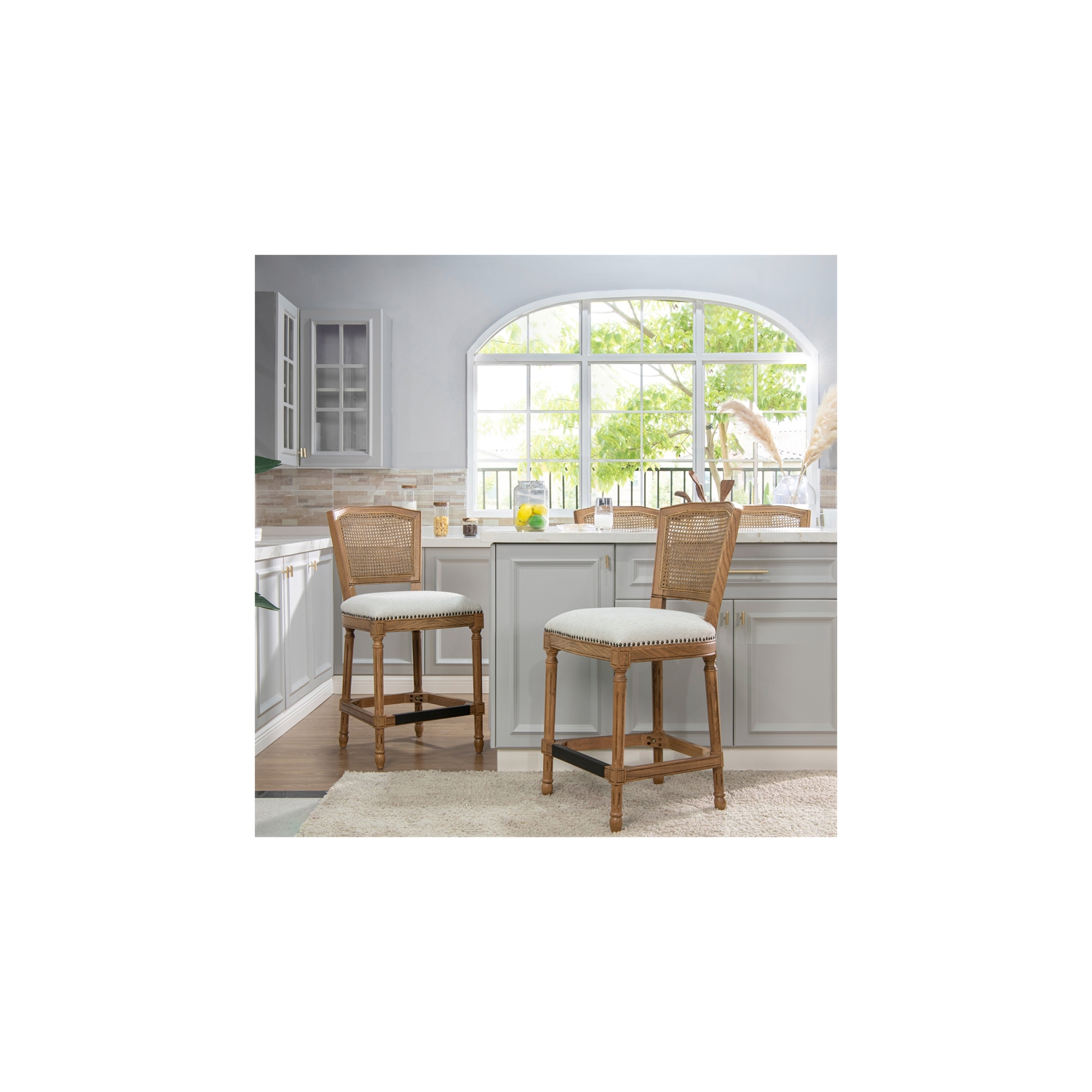 Tabouret de bar de style Triomphe en rotin tressé, polyester résistant aux taches de poivre blanc