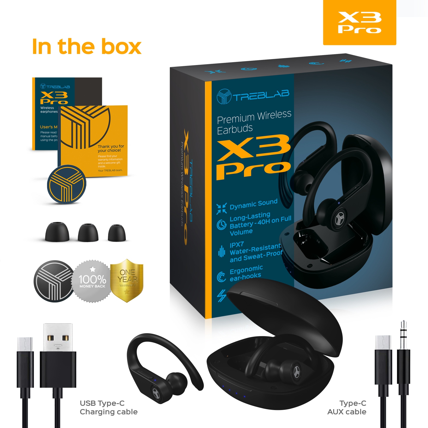 TREBLAB X3 Pro - True Wireless Earbuds with Earhooks - 145H Battery Life, Bluetooth 5.0, IPX5 Waterproof Earbuds - TWS Bluetooth Headphones with