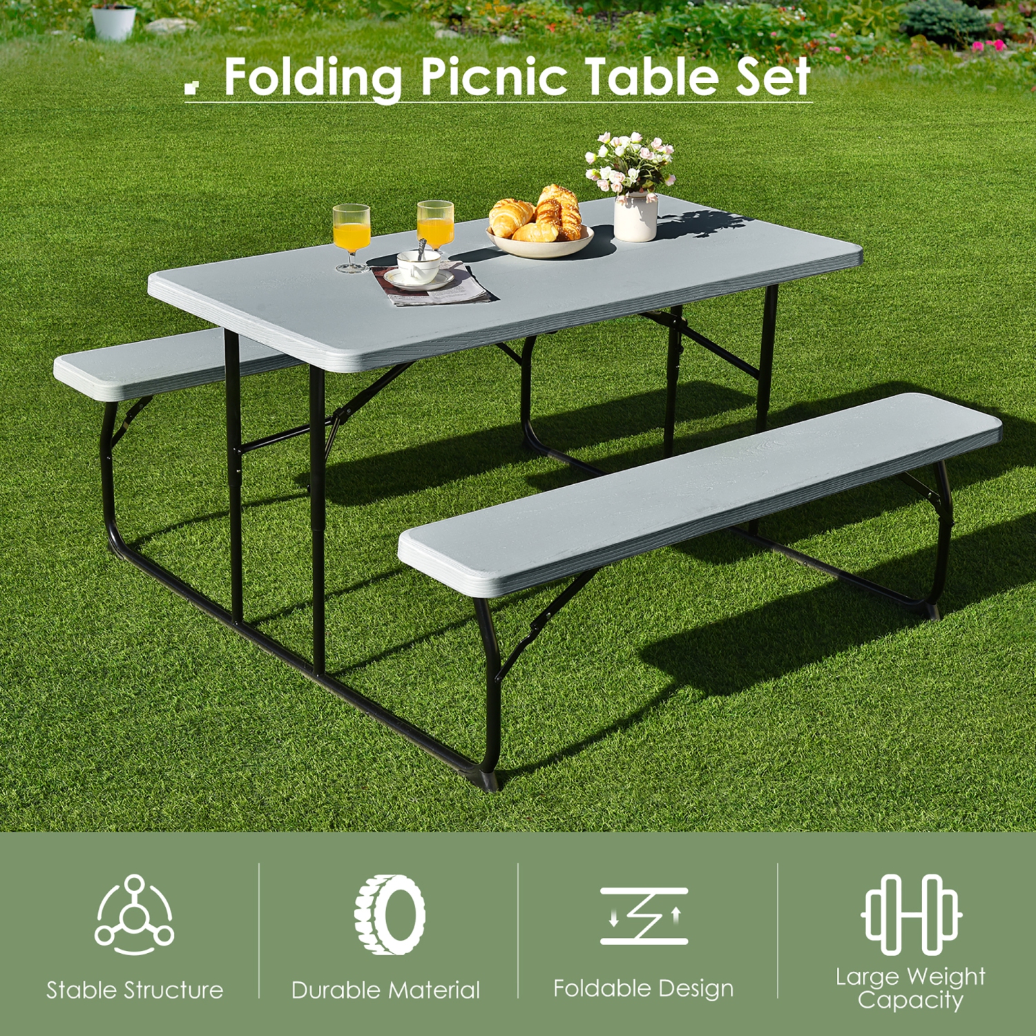 Costway Foldable Picnic Table Bench Set Outdoor Camping for Patio & Backyard