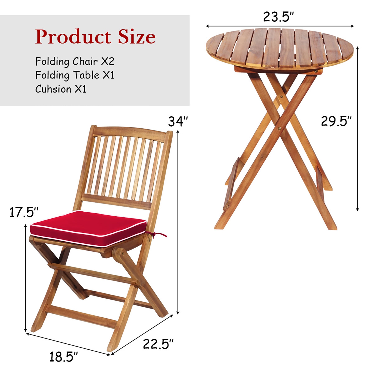 Costway 3PCS Patio Folding Wooden Bistro Set Cushioned Chair Conversation Cushion
