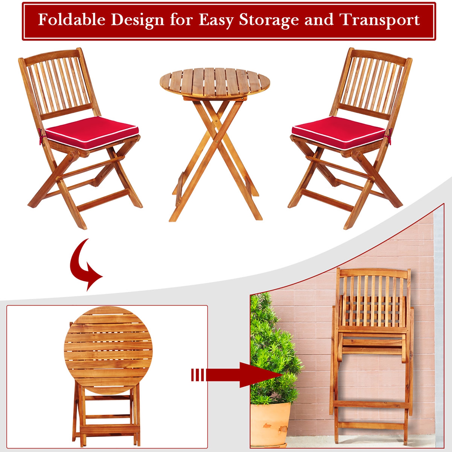 Costway 3PCS Patio Folding Wooden Bistro Set Cushioned Chair Conversation Cushion