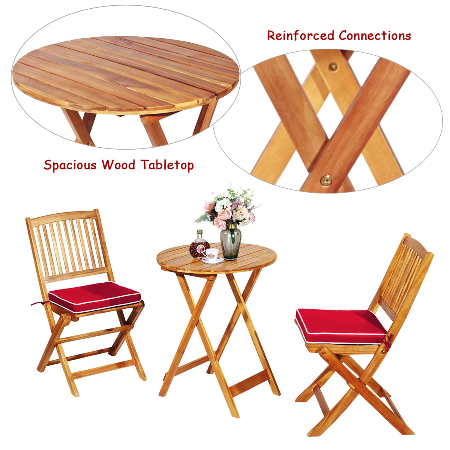 Costway 3PCS Patio Folding Wooden Bistro Set Cushioned Chair Conversation Cushion