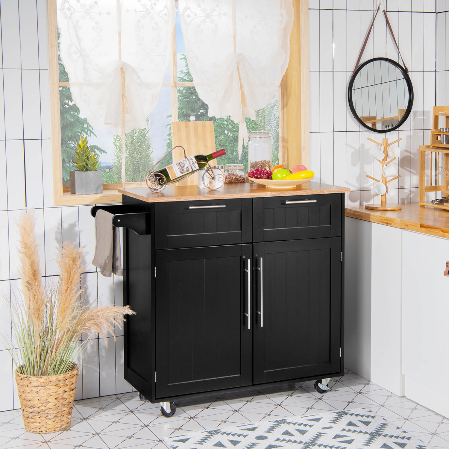 Armoire utilitaire robuste à roulettes pour îlot de cuisine de Costway avec chariot de rangement noir