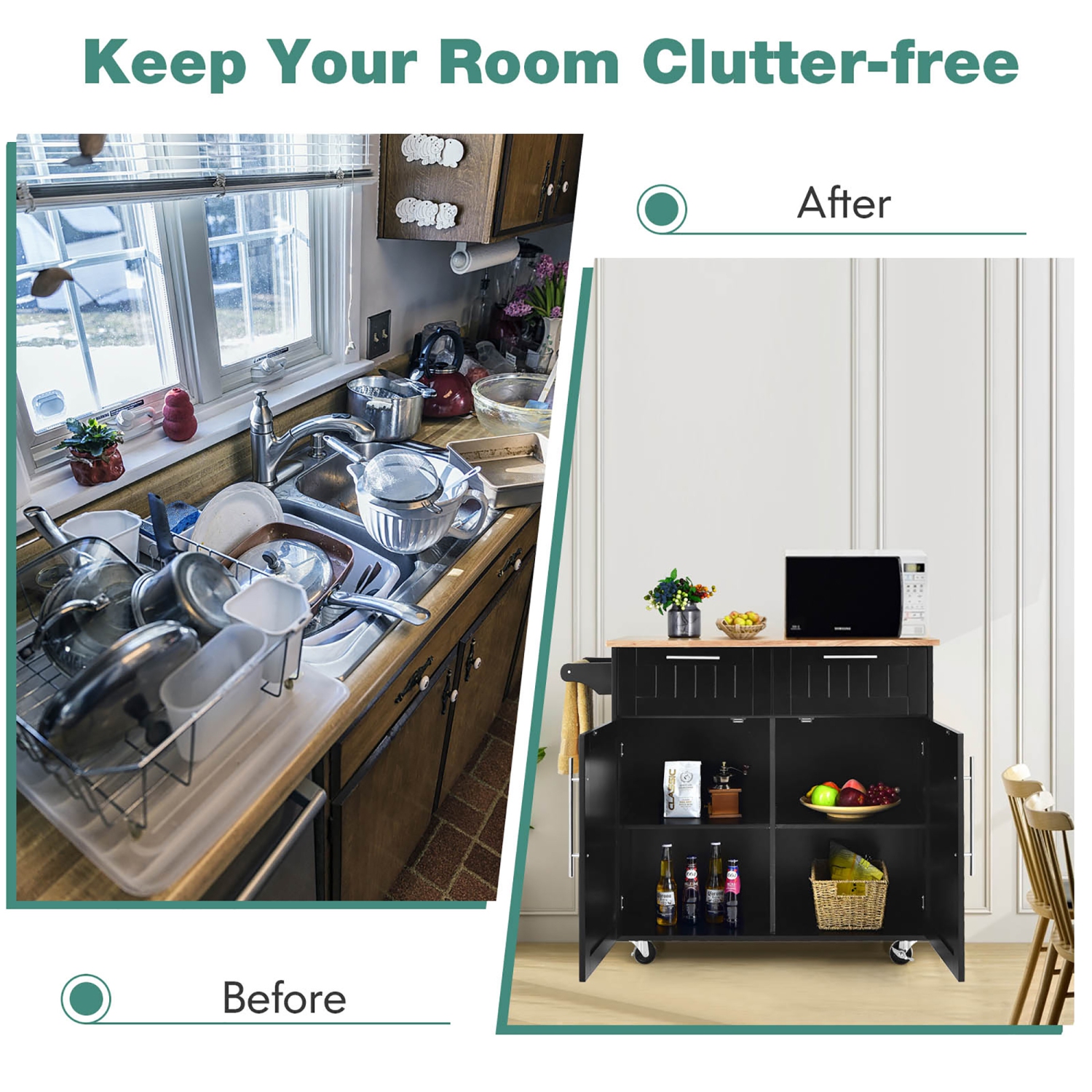 Armoire utilitaire robuste à roulettes pour îlot de cuisine de Costway avec chariot de rangement noir