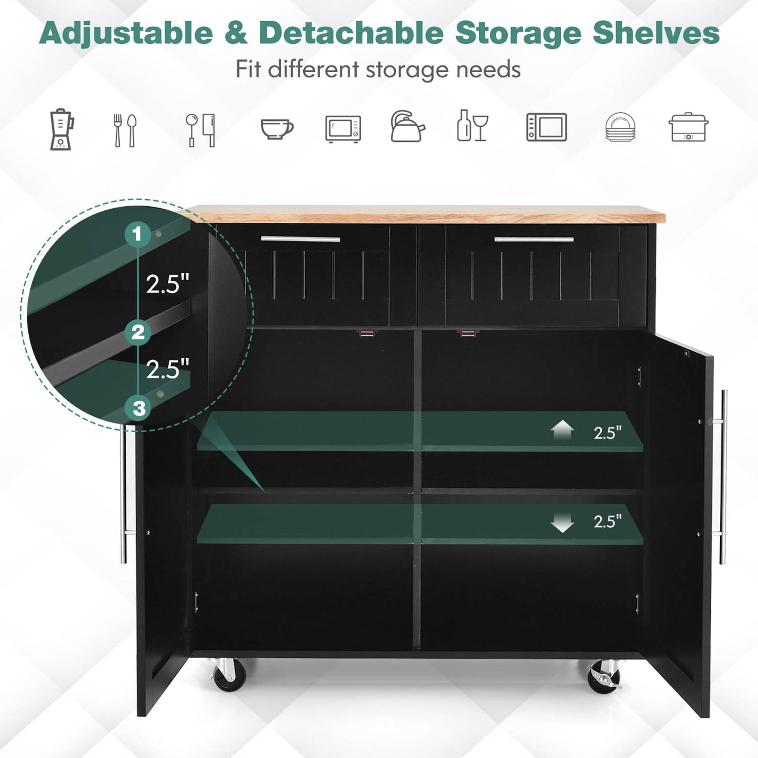 Armoire utilitaire robuste à roulettes pour îlot de cuisine de Costway avec chariot de rangement noir