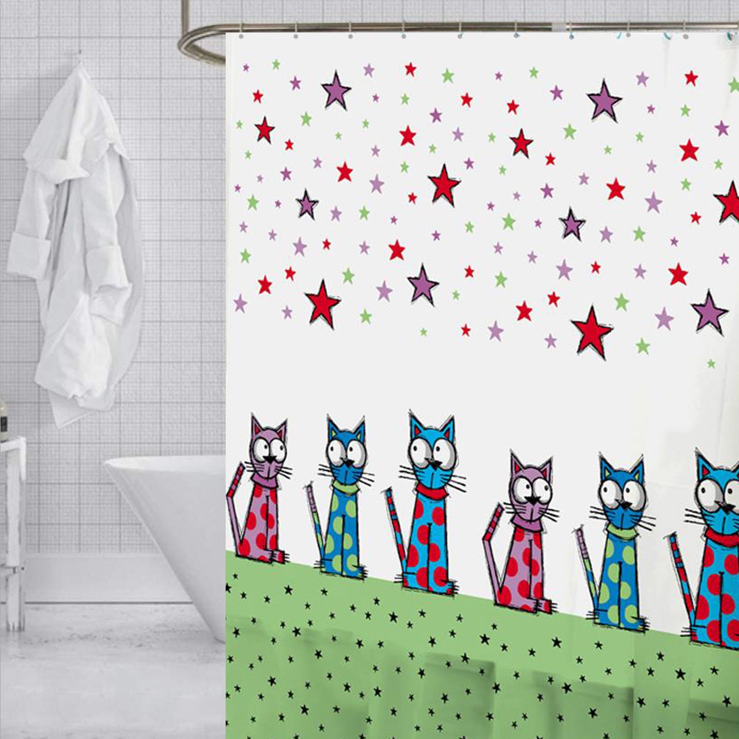 ITY International - Rideau de Douche en Peva, 71" x 71", Motif de Chats