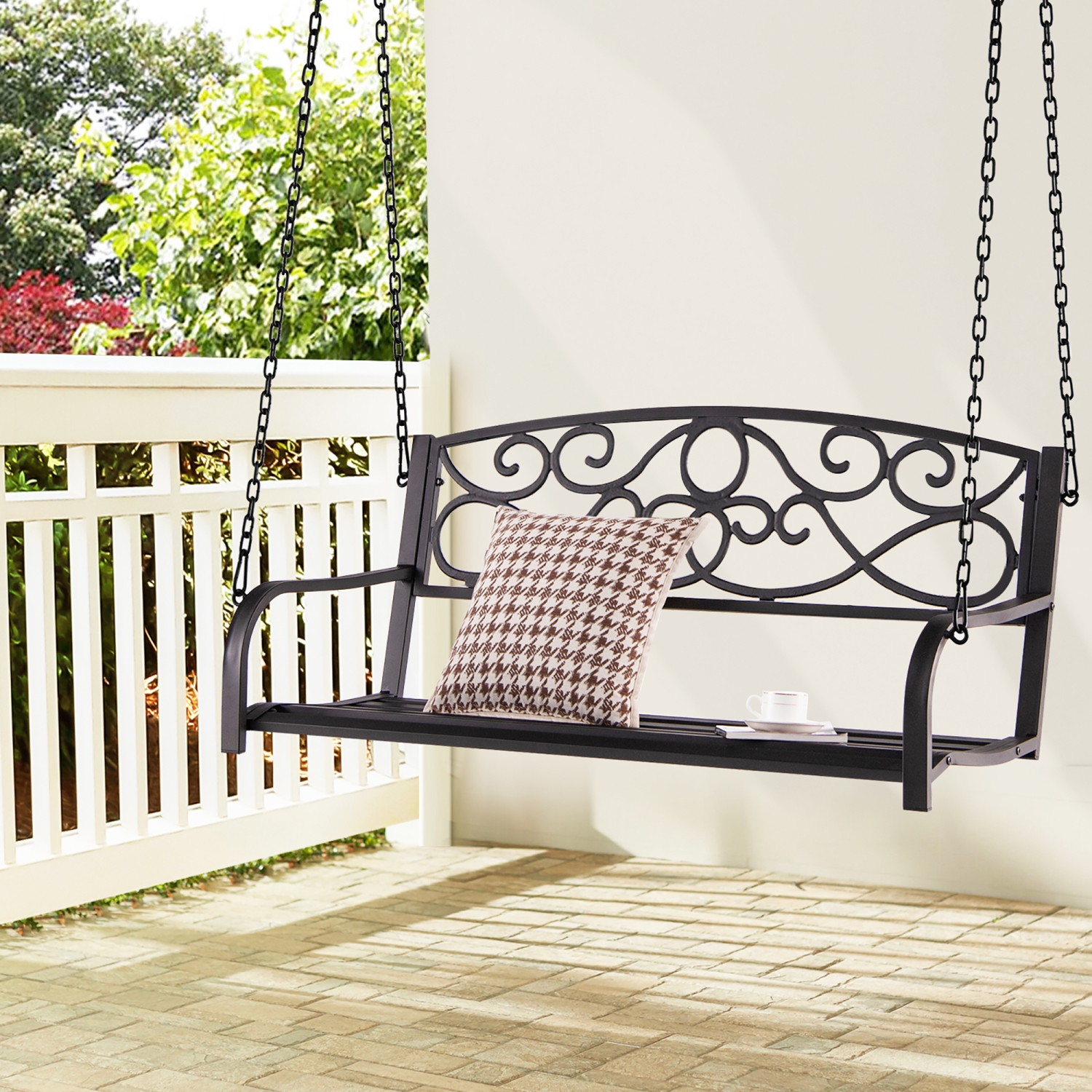 Costway Outdoor 2-Person Metal Porch Swing Hanging Patio Bench 485 Lbs Capacity Black\Brown