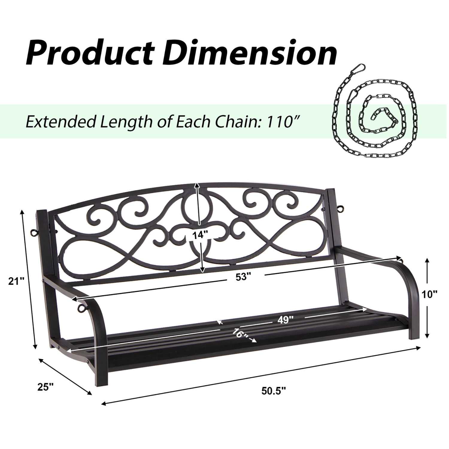 Costway Outdoor 2-Person Metal Porch Swing Hanging Patio Bench 485 Lbs Capacity Black\Brown