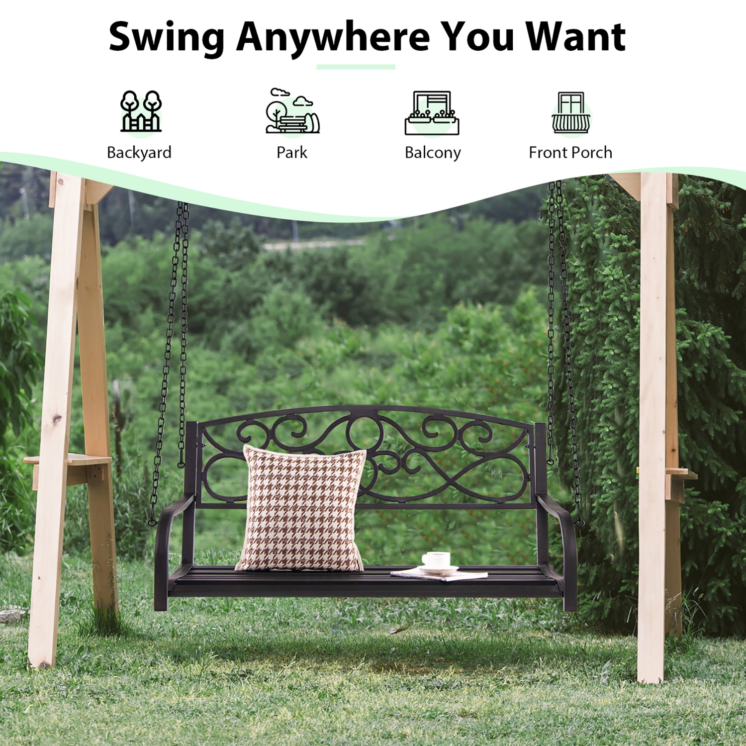 Costway Outdoor 2-Person Metal Porch Swing Hanging Patio Bench 485 Lbs Capacity Black\Brown