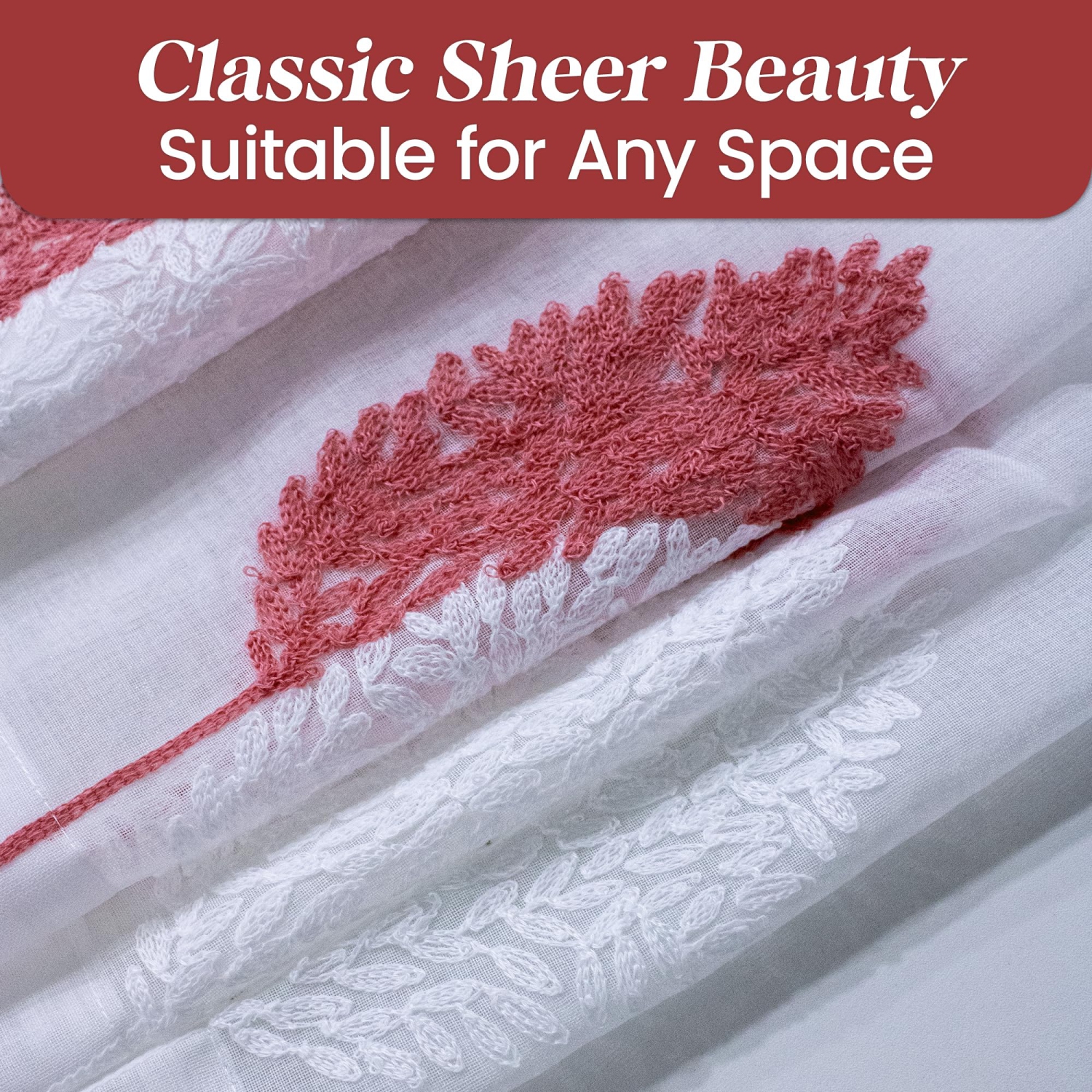 Canadian Linen Voile Sheer Curtains W 52" x L 84" 2 Panels Light Filtering Washable Sheer Window Drapes Ring Curtains, Decorative White/Red Embroidery