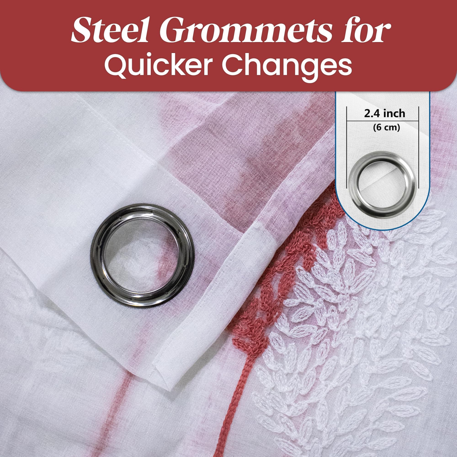 Canadian Linen Voile Sheer Curtains W 52" x L 84" 2 Panels Light Filtering Washable Sheer Window Drapes Ring Curtains, Decorative White/Red Embroidery