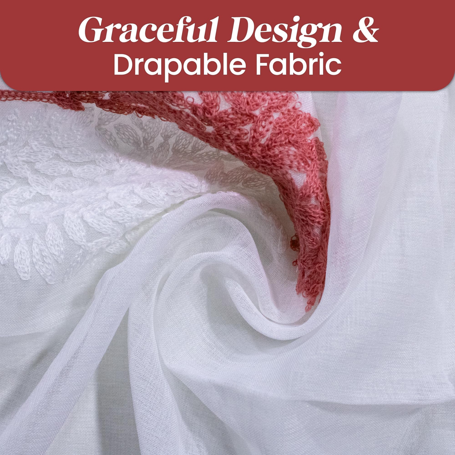 Canadian Linen Voile Sheer Curtains W 52" x L 84" 2 Panels Light Filtering Washable Sheer Window Drapes Ring Curtains, Decorative White/Red Embroidery