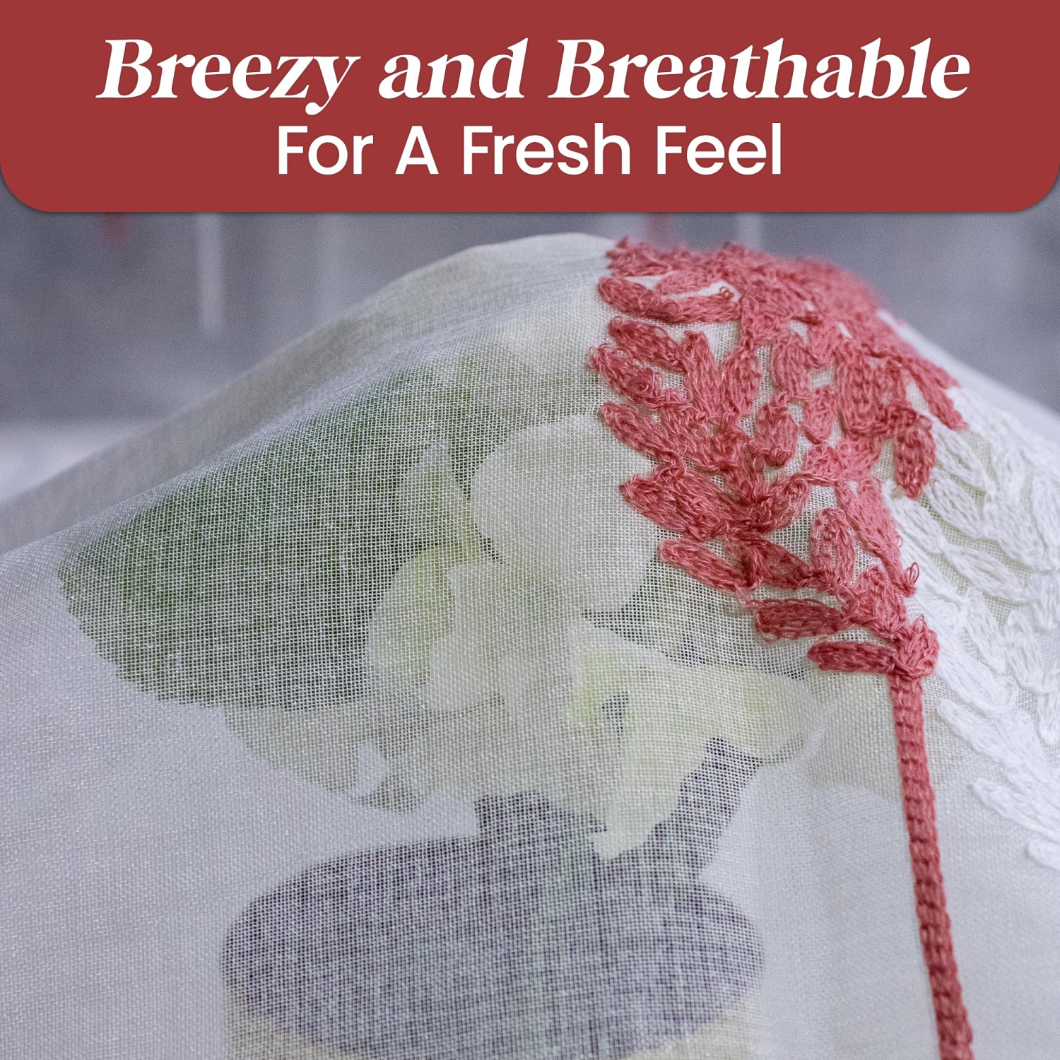 Canadian Linen Voile Sheer Curtains W 52" x L 84" 2 Panels Light Filtering Washable Sheer Window Drapes Ring Curtains, Decorative White/Red Embroidery