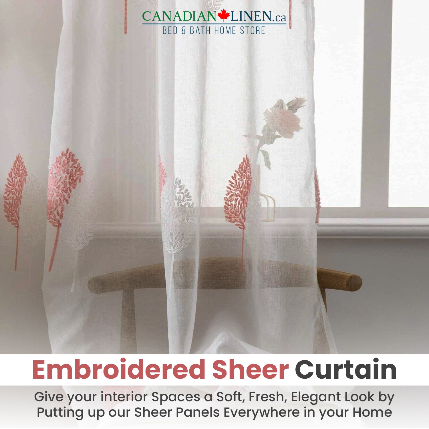 Canadian Linen Voile Sheer Curtains W 52" x L 84" 2 Panels Light Filtering Washable Sheer Window Drapes Ring Curtains, Decorative White/Red Embroidery