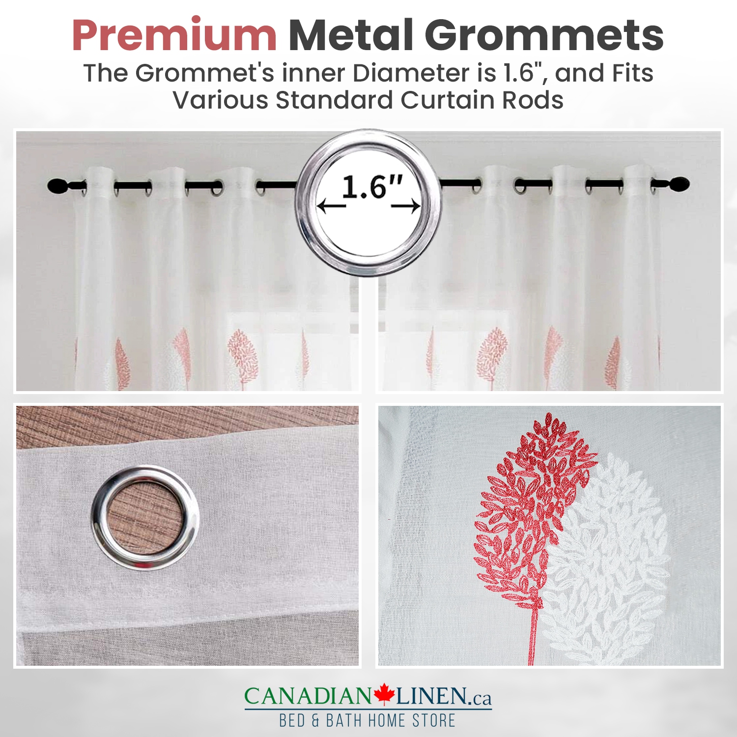 Canadian Linen Voile Sheer Curtains W 52" x L 84" 2 Panels Light Filtering Washable Sheer Window Drapes Ring Curtains, Decorative White/Red Embroidery