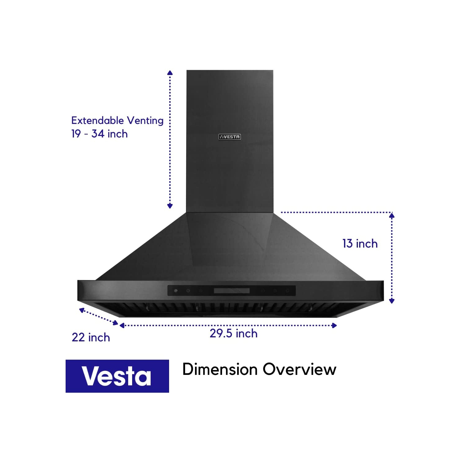 Vesta 900CFM Frankfurt Black Stainless Steel Wall Mounted Range Hood With Touch Screen Control, 2 Pcs Baffle Filters, 4 Speed Levels, Adjustable