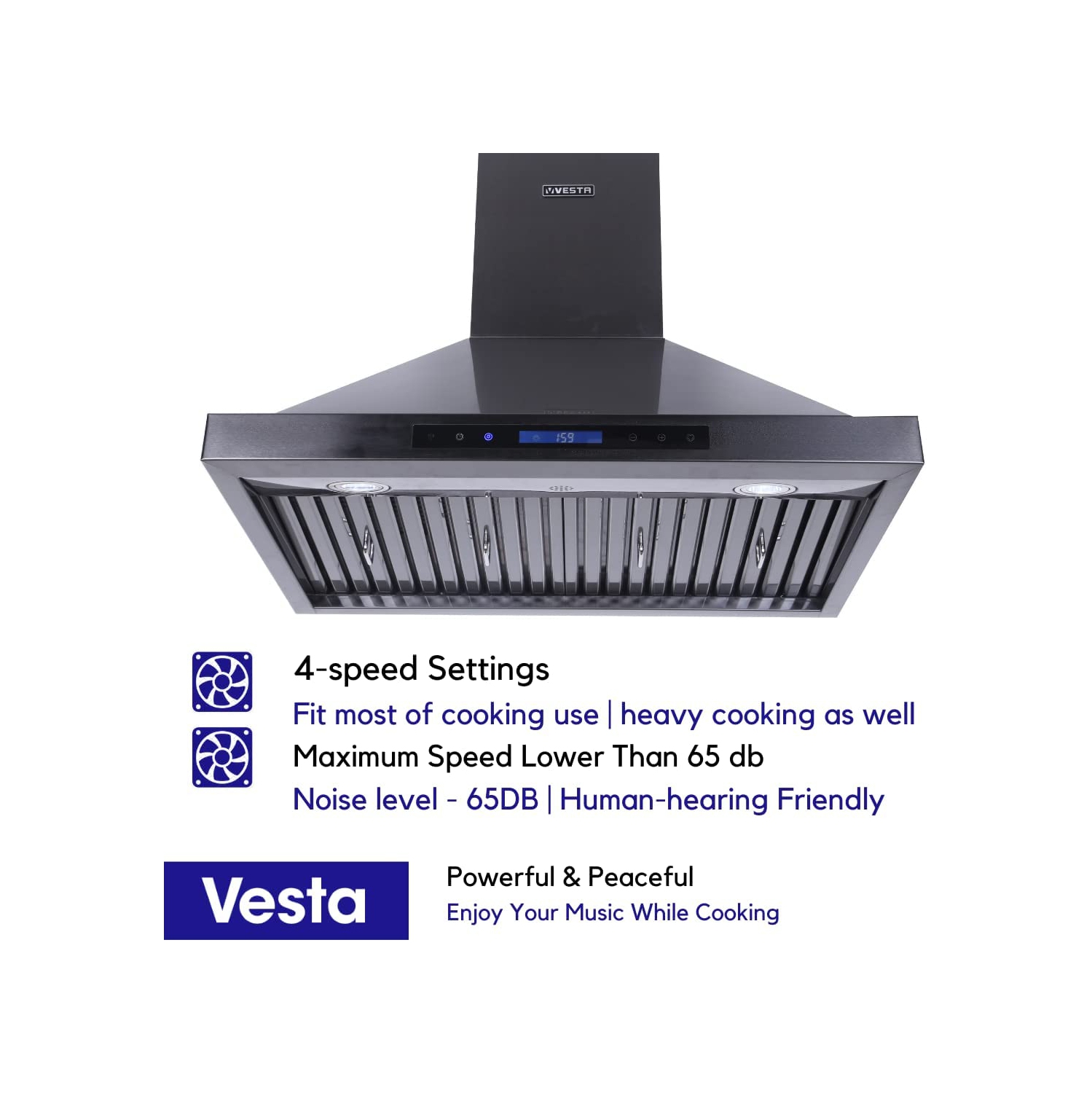 Vesta 900CFM Frankfurt Black Stainless Steel Wall Mounted Range Hood With Touch Screen Control, 2 Pcs Baffle Filters, 4 Speed Levels, Adjustable