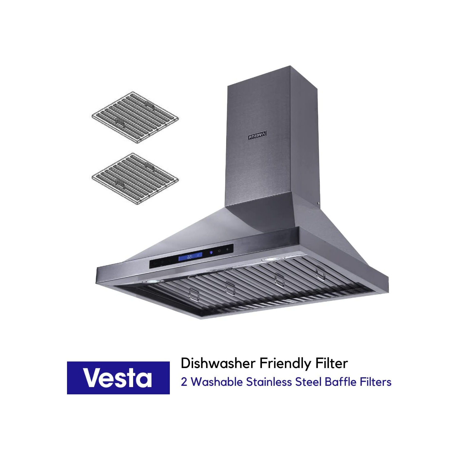 Vesta 900CFM Frankfurt Black Stainless Steel Wall Mounted Range Hood With Touch Screen Control, 2 Pcs Baffle Filters, 4 Speed Levels, Adjustable