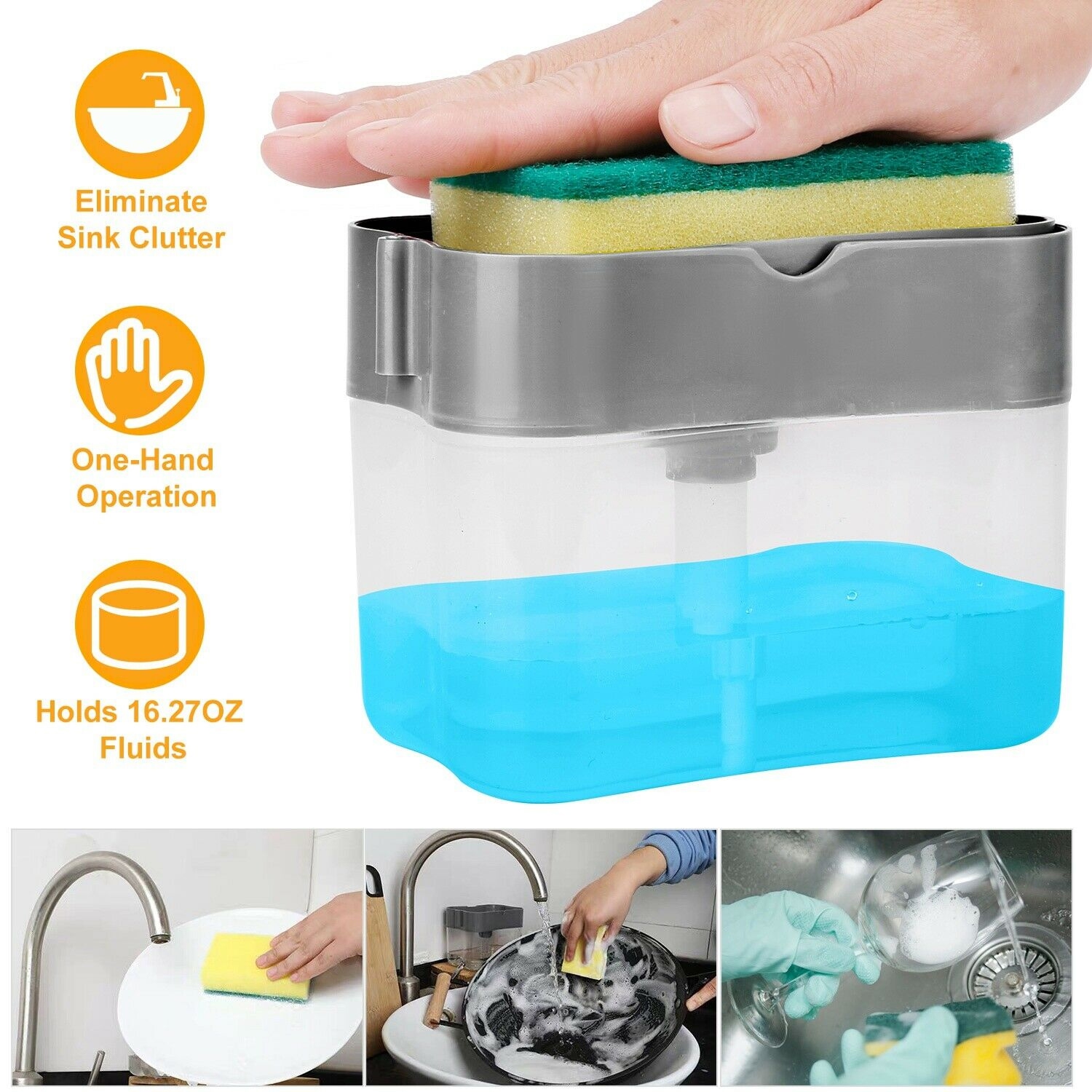 2 in 1 Soap Pump Dispenser for Kitchen Sink Dish Washing Soap Dispenser 380 ml Liquid Dispenser ,Soap, Sponge Holder, With Sponge