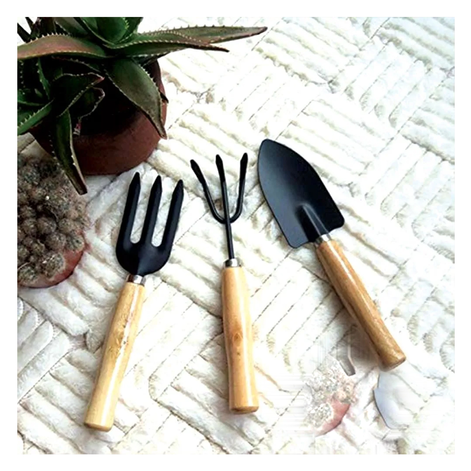 3PCS Garden Planting Tool Set Bonsai Succulent Transplanting Iron Rake Shovel Trowel Garden Planting Hand Tools for Home Garden