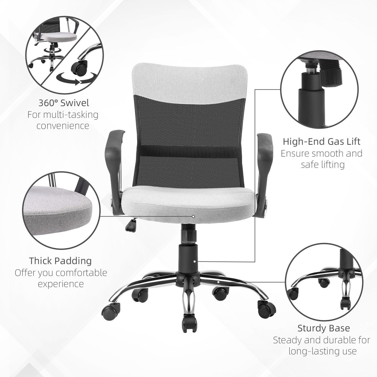 Vinsetto Ergonomic Office Chair, Mid Back Mesh Computer Desk Chair with Lumbar Back Support, Adjustable Tilt Angle, Adjustable Height, Grey