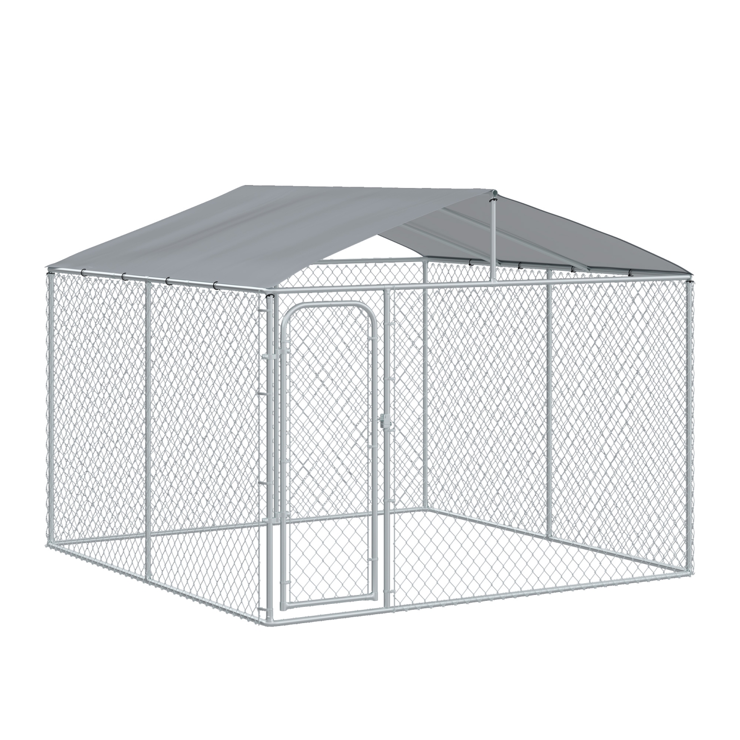 PawHut Dog Kennel Outdoor Run Fence with Roof, Steel Lock, Mesh Sidewalls for Backyard & Patio, 9.8' x 9.8' x 7.7'