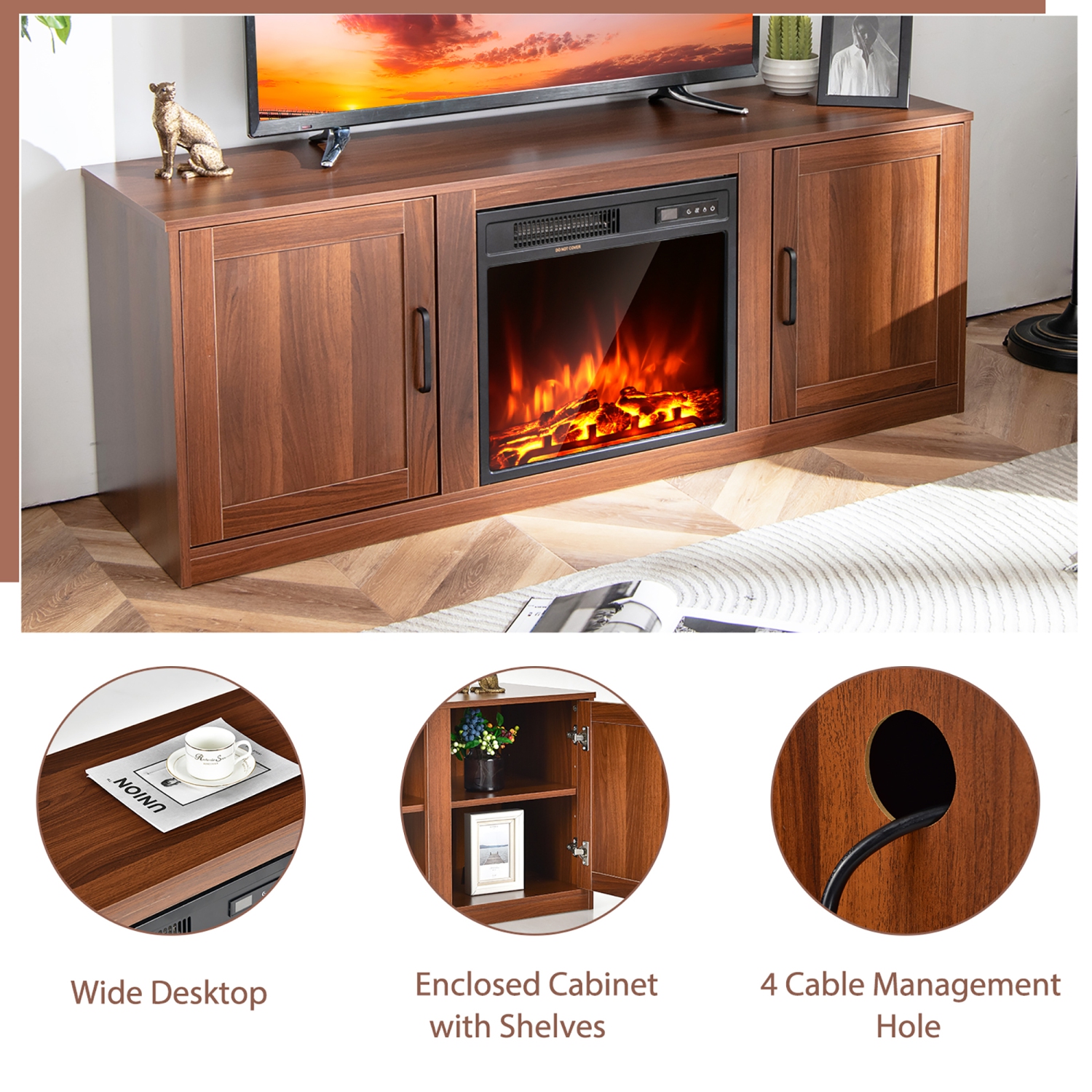 Costway 58" Fireplace TV Stand Entertainment Console W/ 18" Electric Fireplace