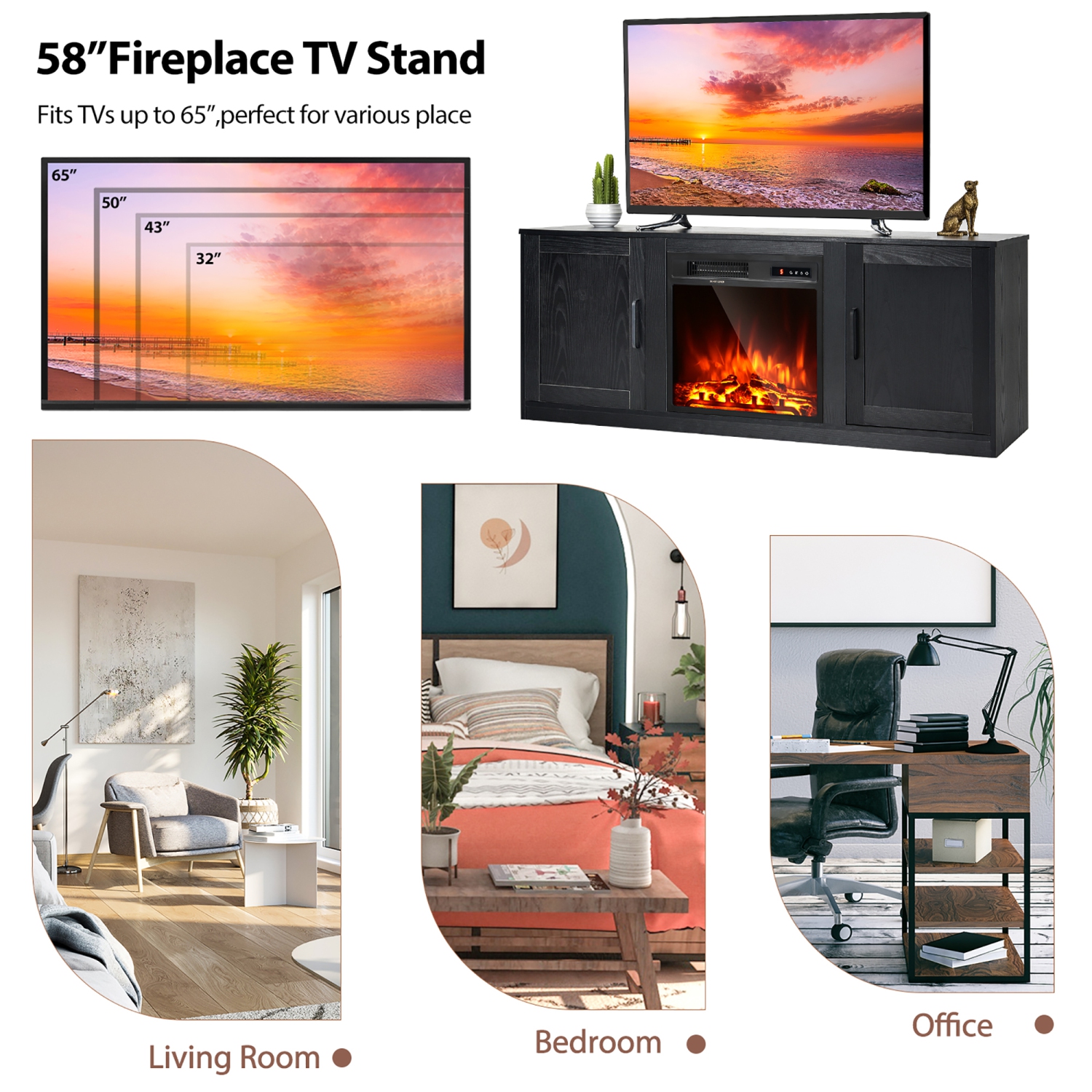 Costway 58" Fireplace TV Stand Entertainment Console W/ 18" Electric Fireplace