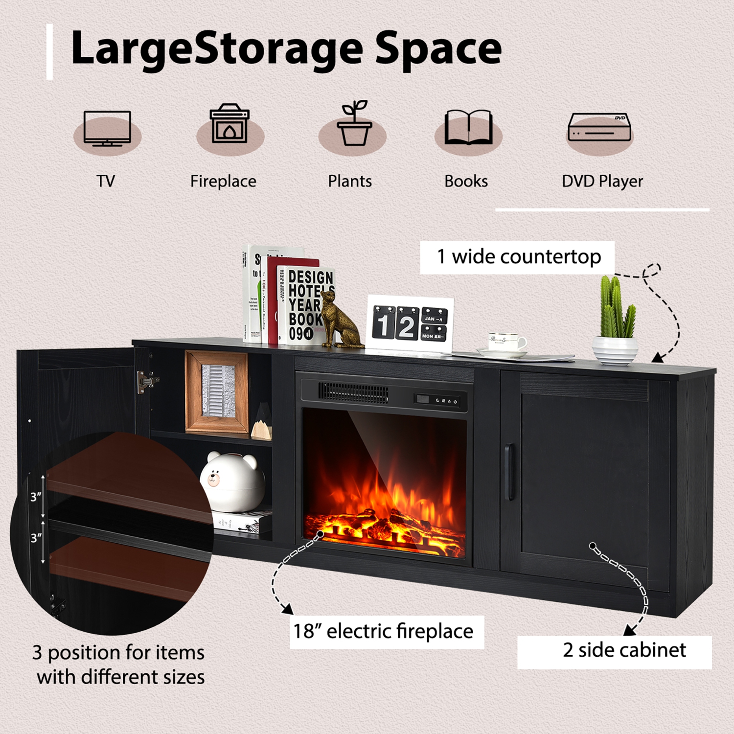 Costway 58" Fireplace TV Stand Entertainment Console W/ 18" Electric Fireplace