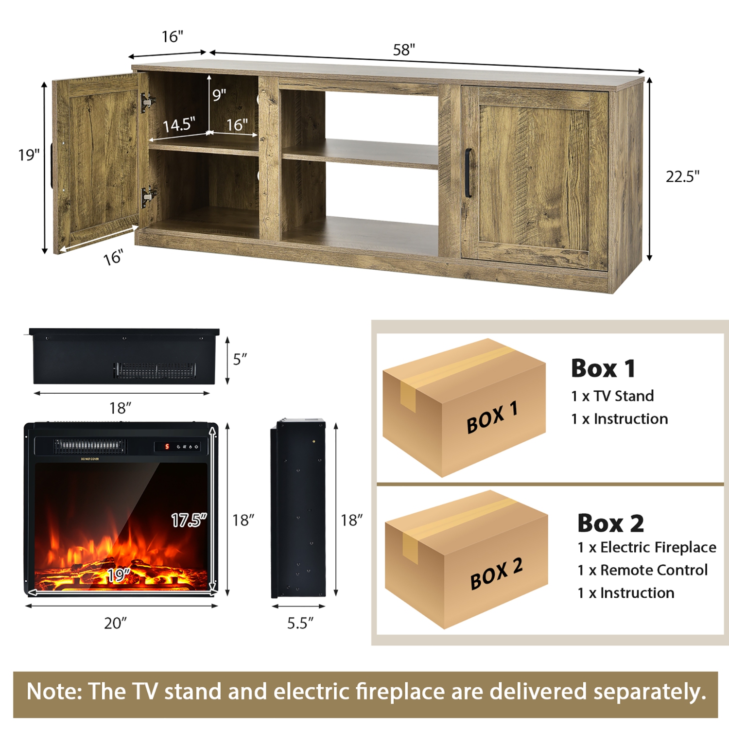 Costway 58" Fireplace TV Stand Entertainment Console W/ 18" Electric Fireplace