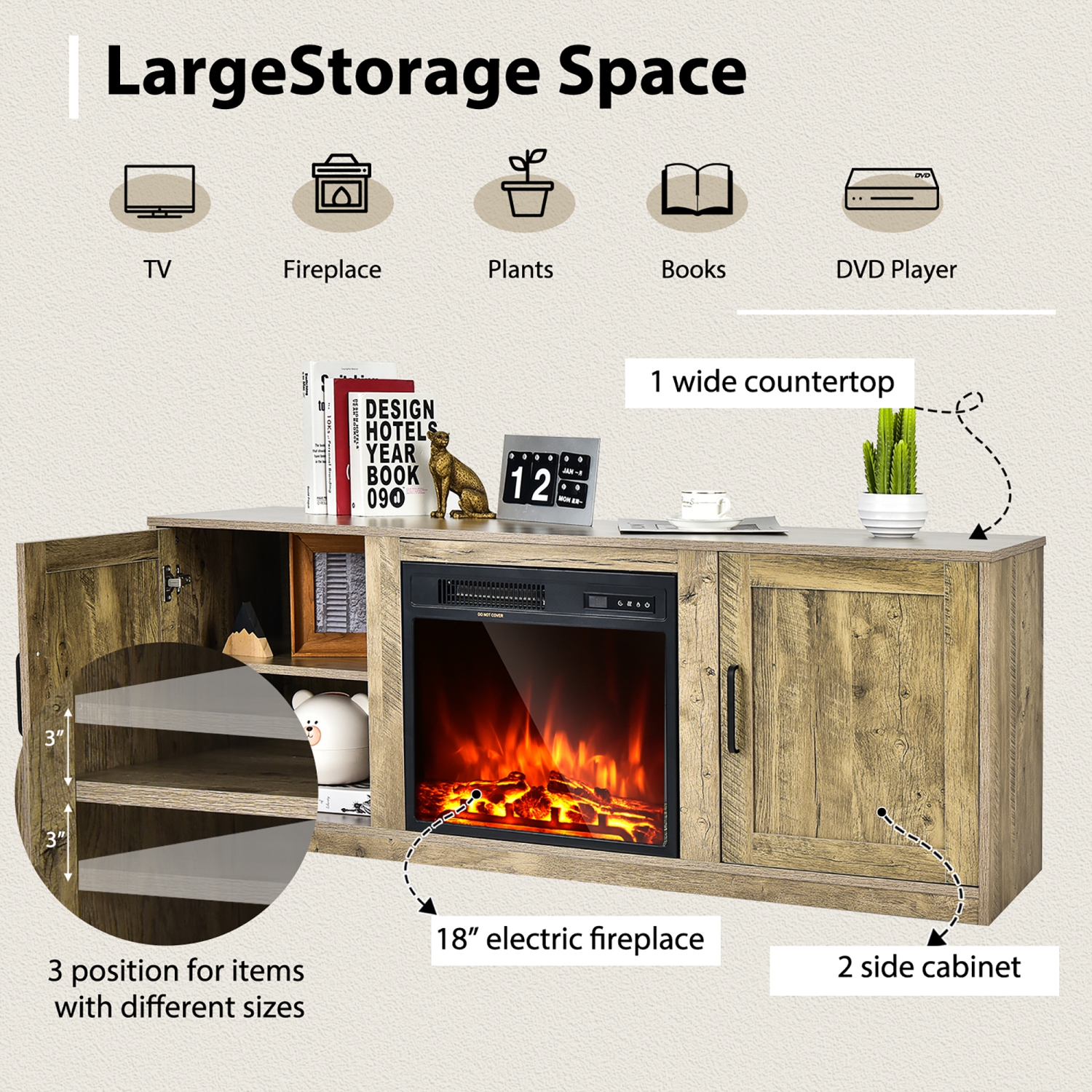 Costway 58" Fireplace TV Stand Entertainment Console W/ 18" Electric Fireplace