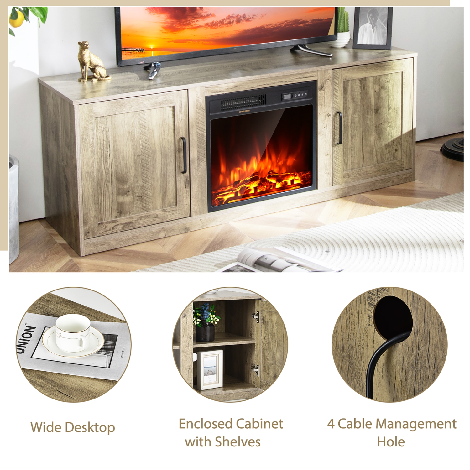 Costway 58" Fireplace TV Stand Entertainment Console W/ 18" Electric Fireplace