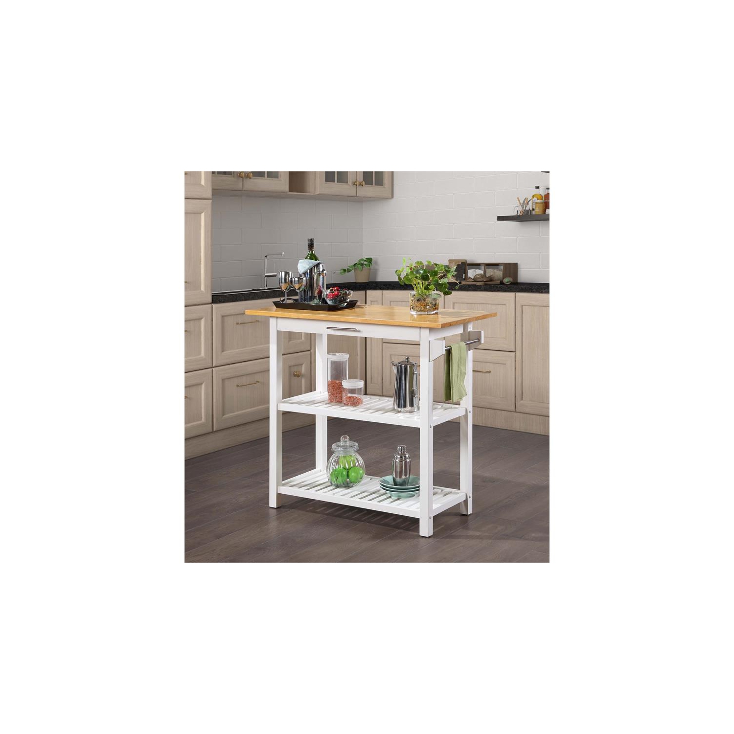 Designs2Go Three-Tier Butcher Block Kitchen Prep Island with Drawer- White Wood