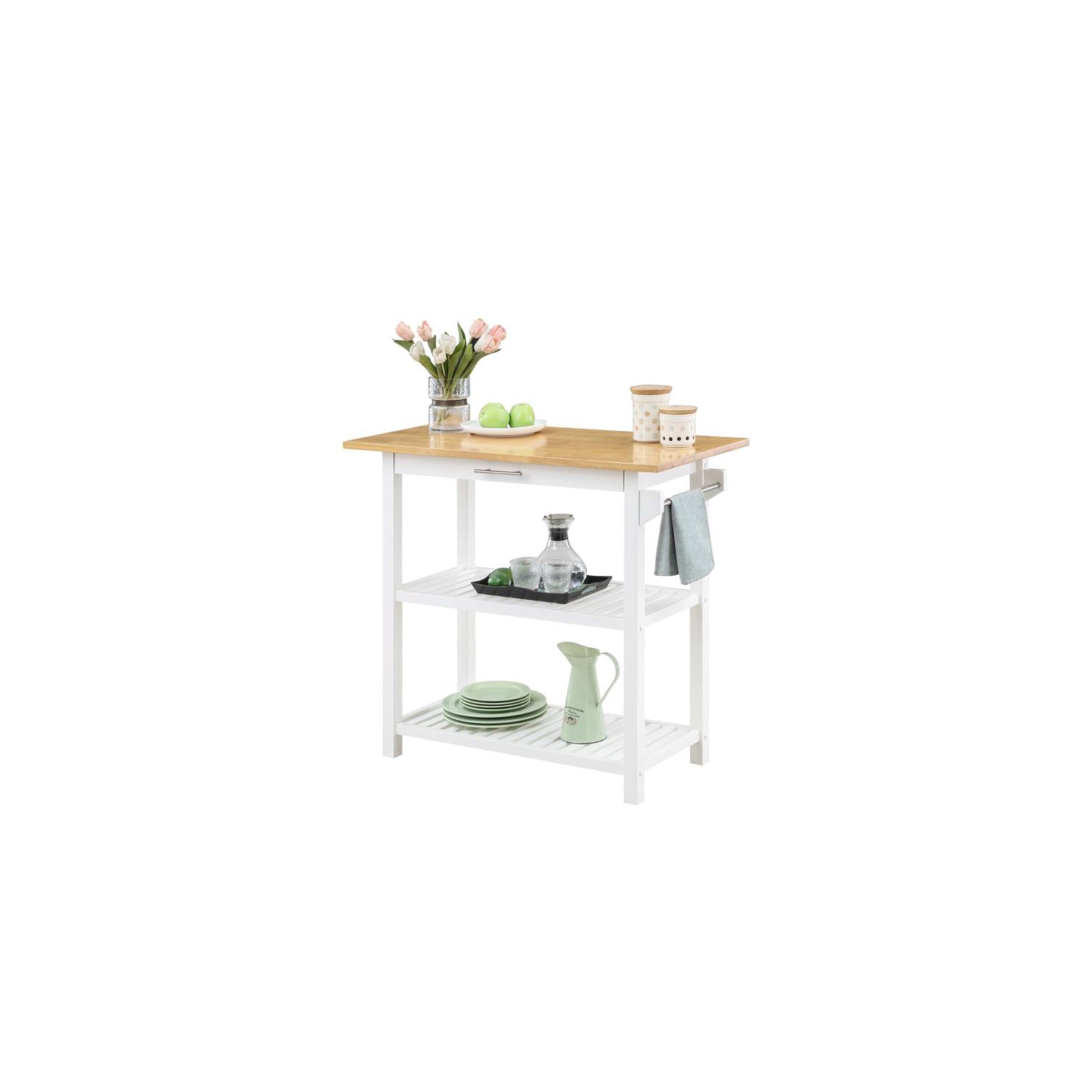 Designs2Go Three-Tier Butcher Block Kitchen Prep Island with Drawer- White Wood
