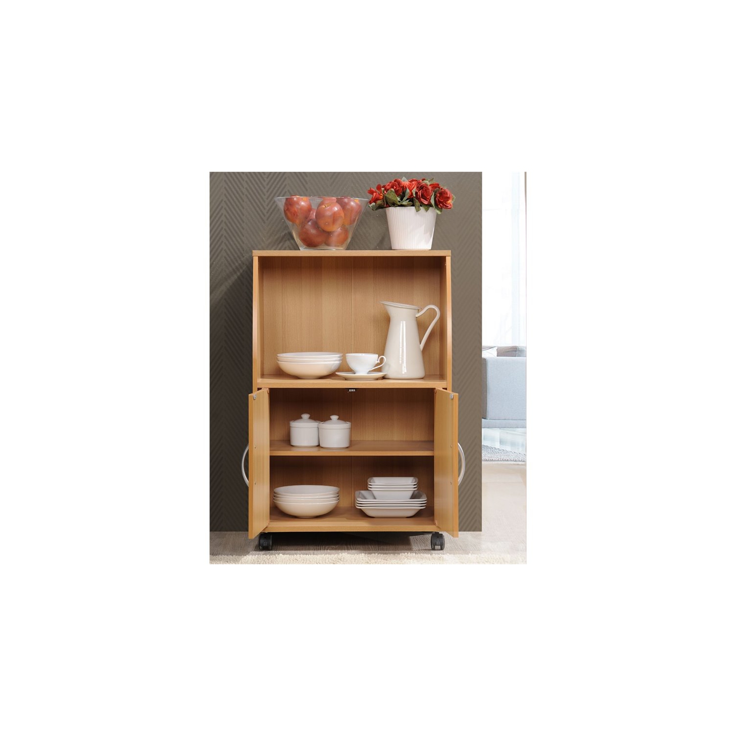 Hodedah Modern Wooden Microwave Kitchen Cart in Beige Finish