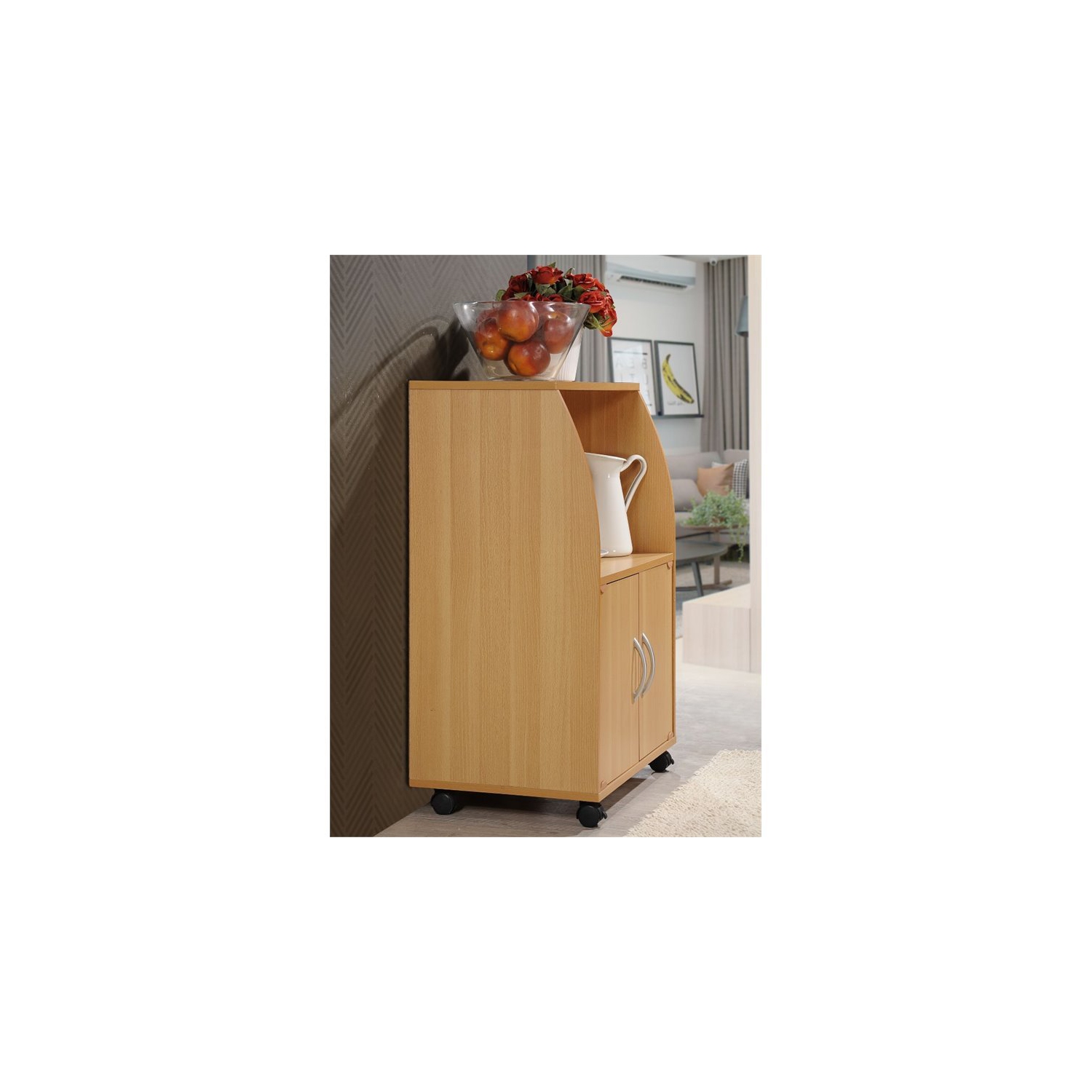 Hodedah Modern Wooden Microwave Kitchen Cart in Beige Finish