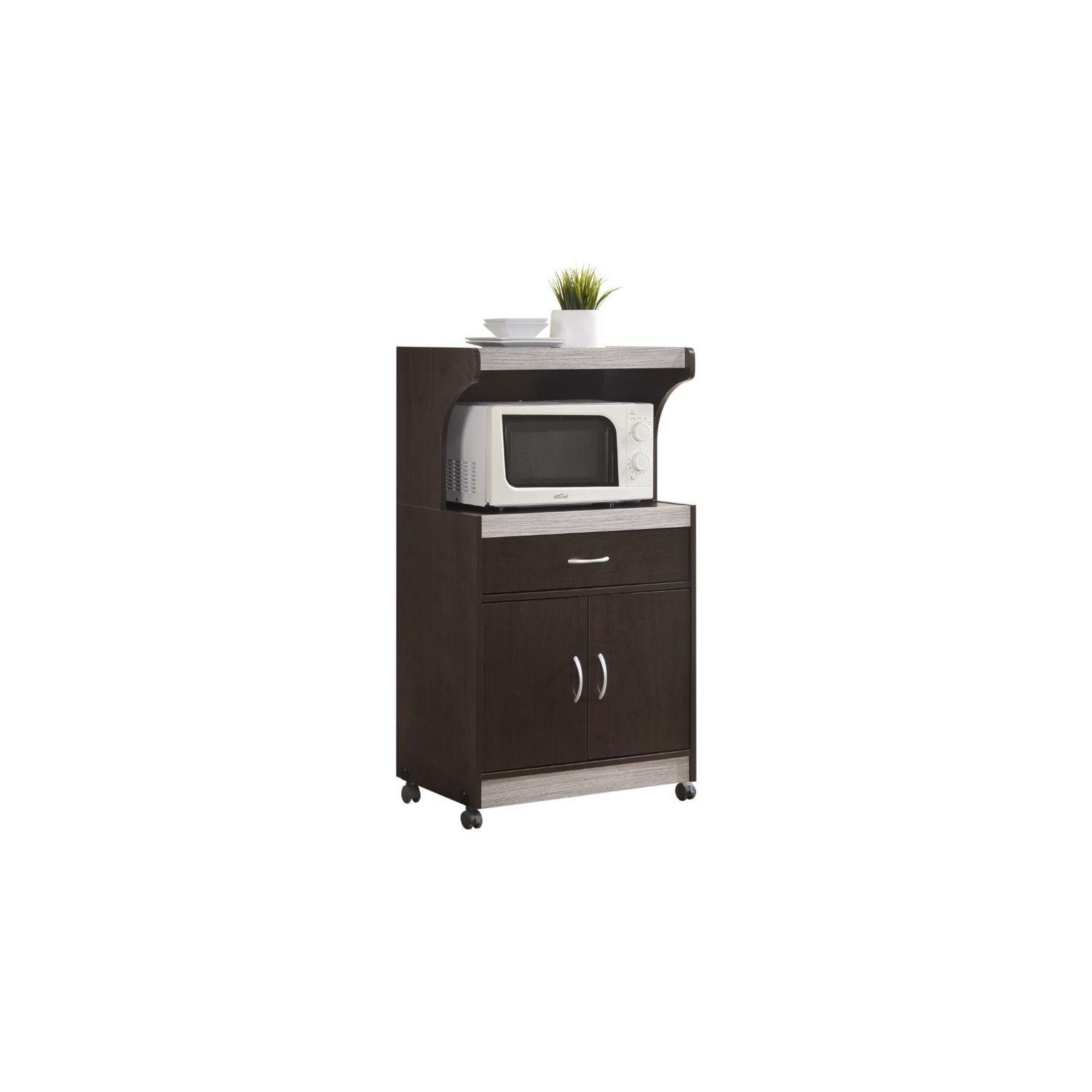 Hodedah Microwave Contemporary Wooden Kitchen Cart in Chocolate-Grey Finish