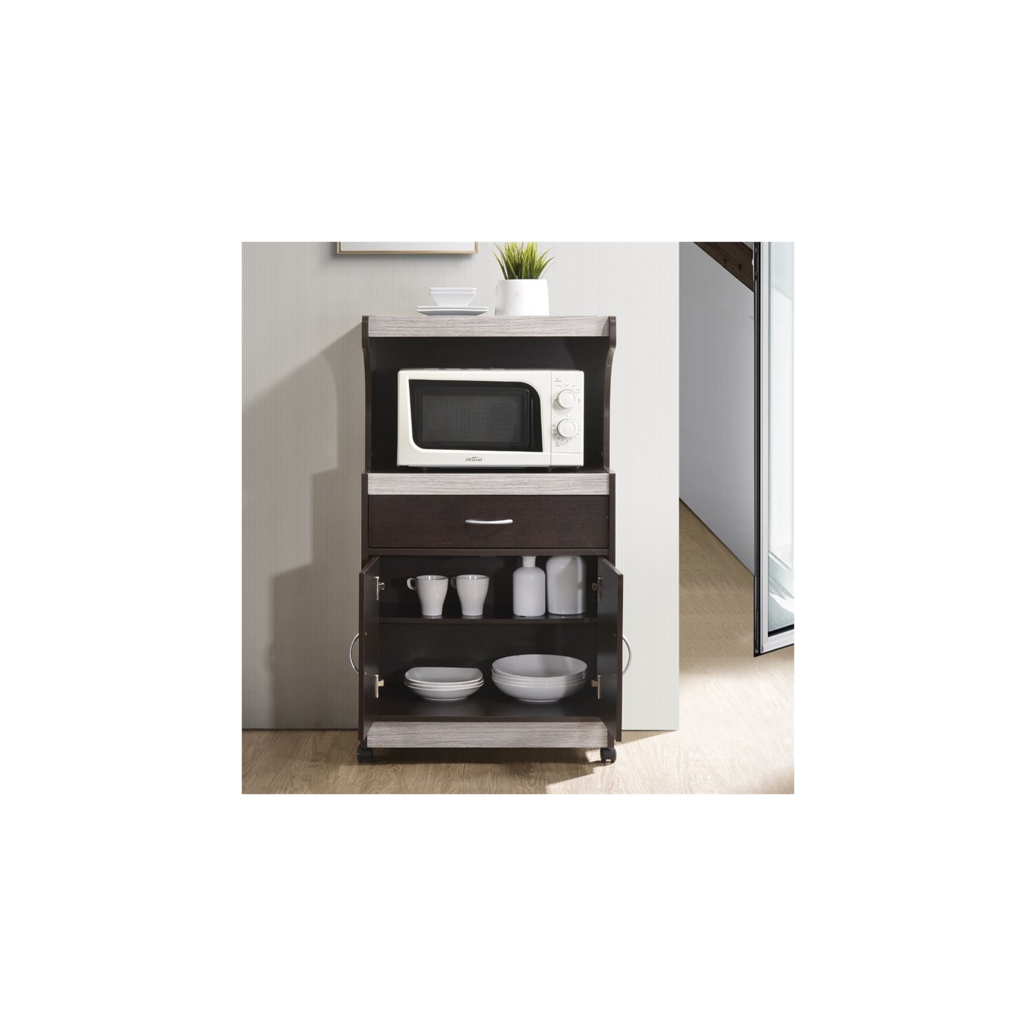 Hodedah Microwave Contemporary Wooden Kitchen Cart in Chocolate-Grey Finish