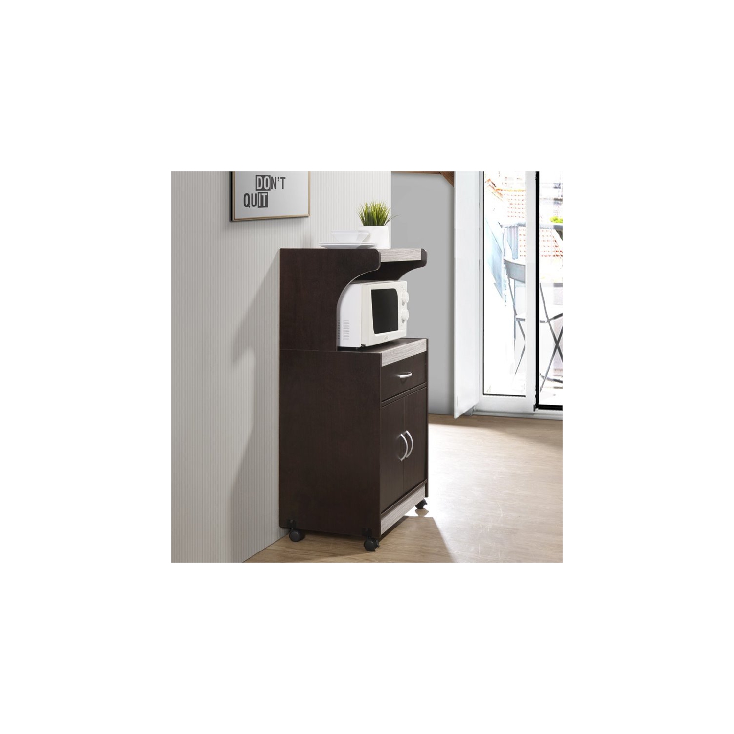 Hodedah Microwave Contemporary Wooden Kitchen Cart in Chocolate-Grey Finish
