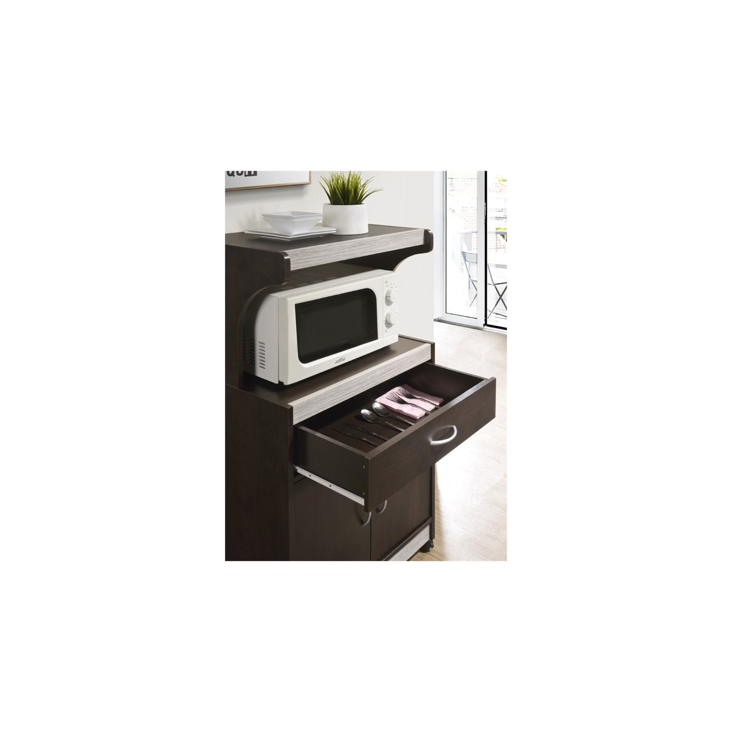 Hodedah Microwave Contemporary Wooden Kitchen Cart in Chocolate-Grey Finish