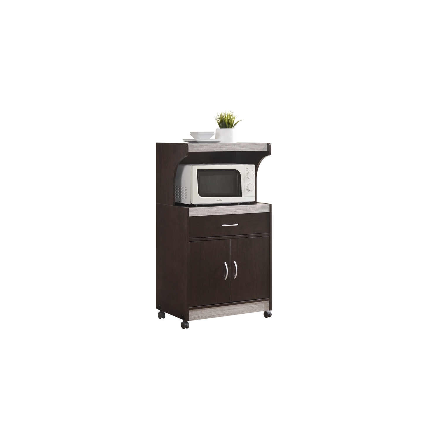 Hodedah Microwave Contemporary Wooden Kitchen Cart in Chocolate-Grey Finish