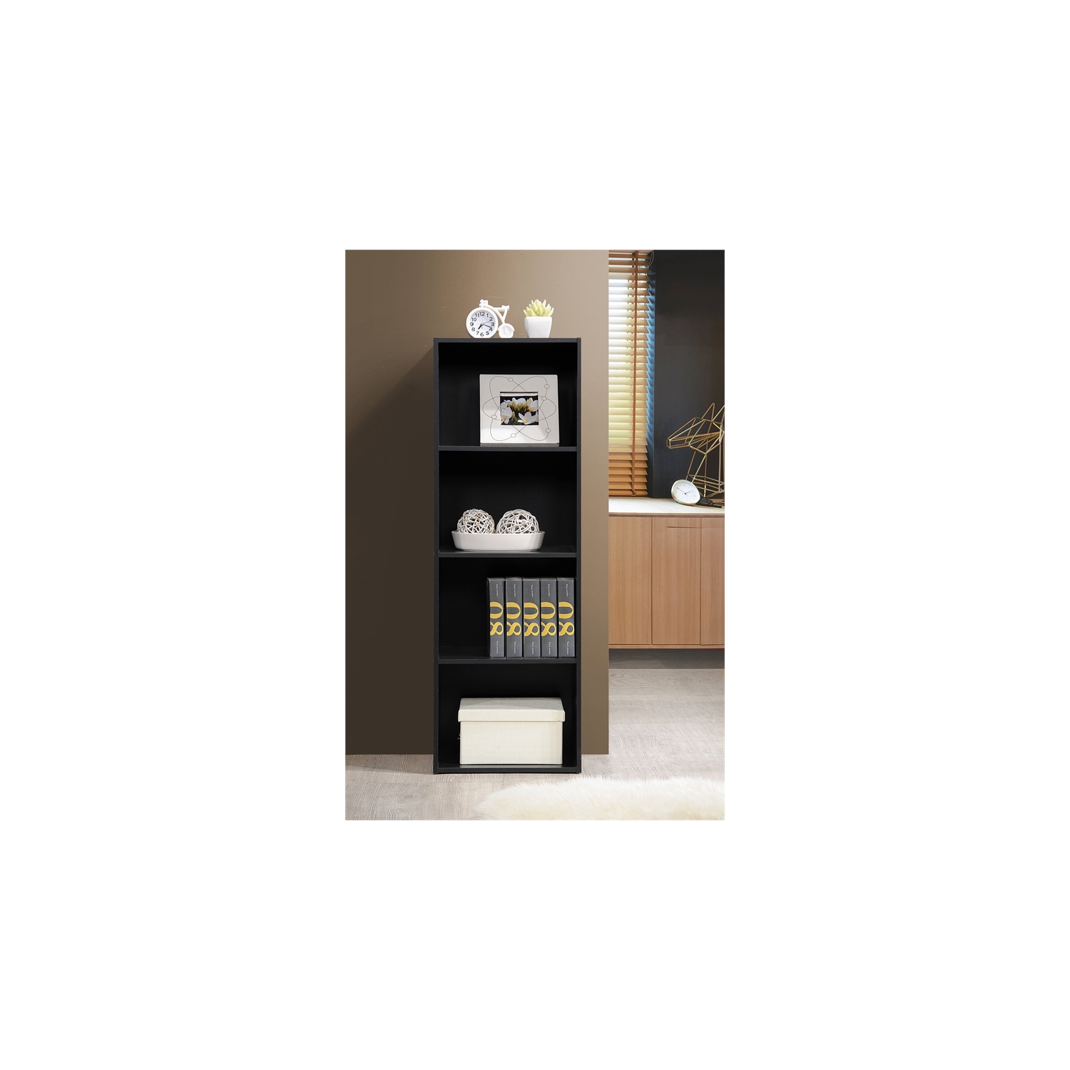 Hodedah Four Shelf Multi-Purpose Wooden Bookcase in Black Finish