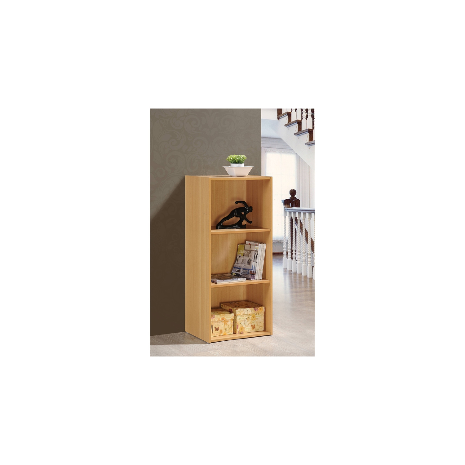 Hodedah Three Shelf Versatil Wooden Bookcase in Beige Finish