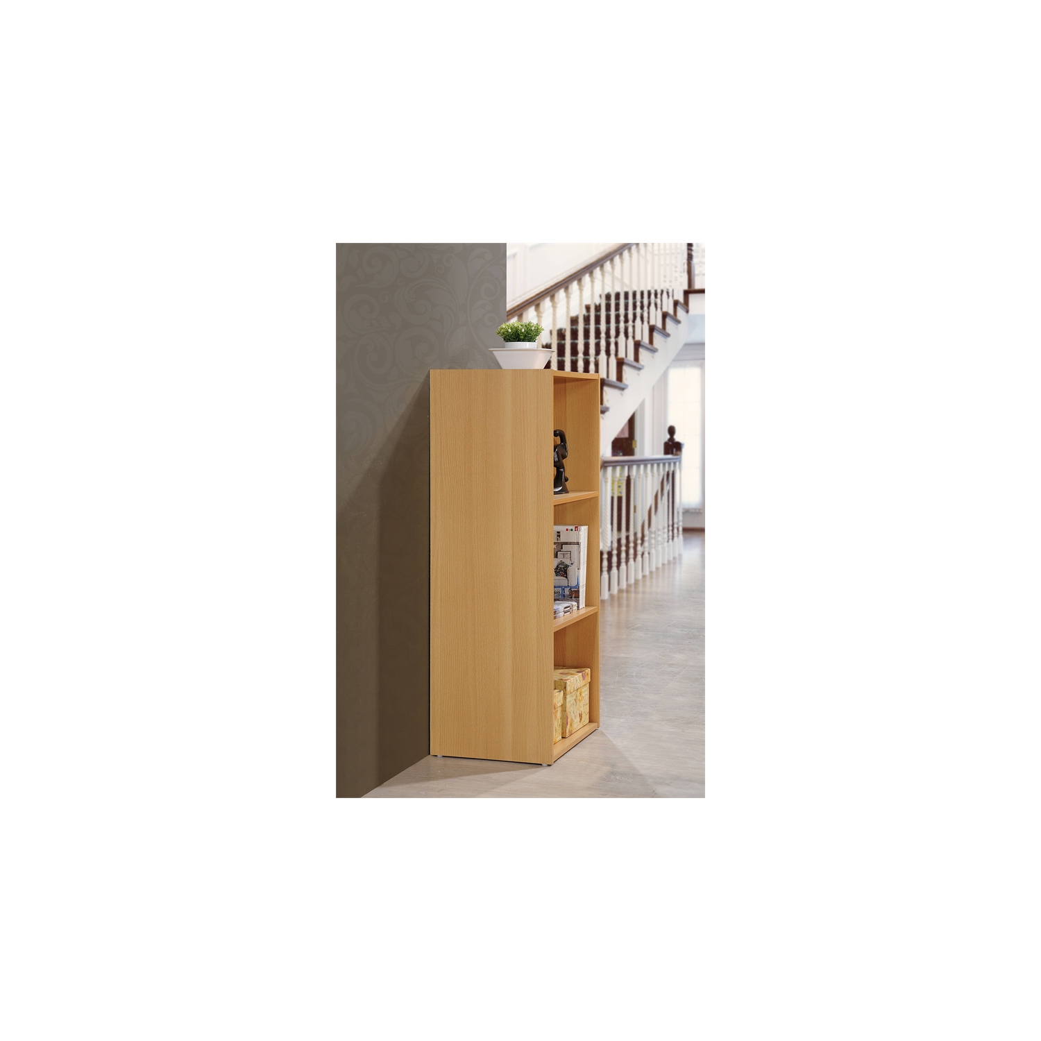 Hodedah Three Shelf Versatil Wooden Bookcase in Beige Finish